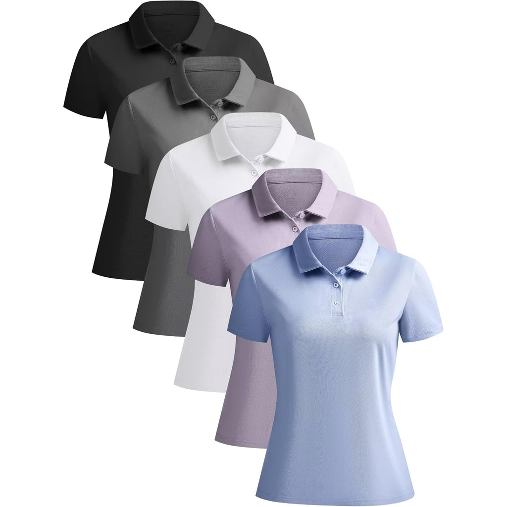 5 Pack Women's Polo Shirts Short Sleeve 3 Buttons Collared Uniform Tops Moisture-Wicking T-Shirts for Work & Casual