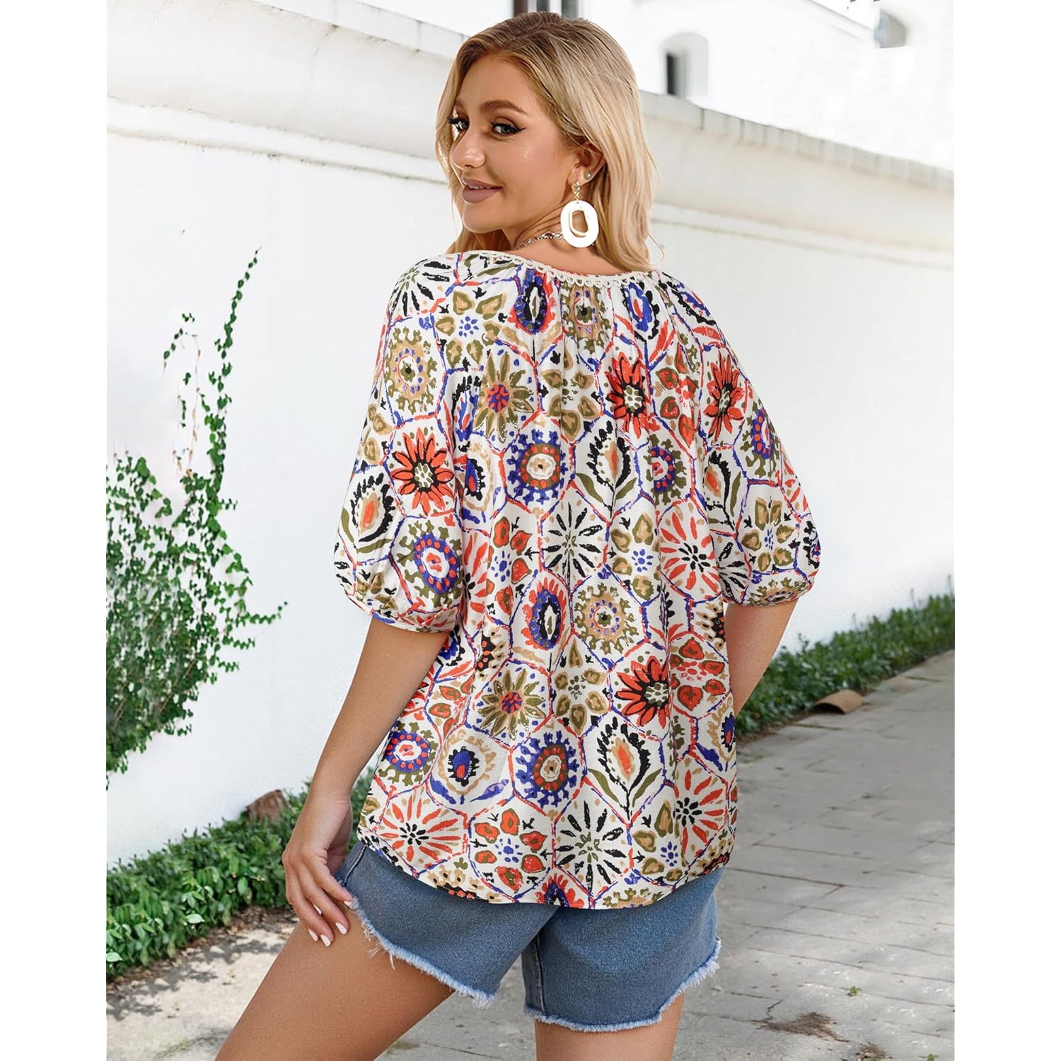 Vivilli Womens Summer Boho Tops Casual V Neck Short Sleeve Blouses Floral Print Shirt Tie Front Flowy Vacation Clothes