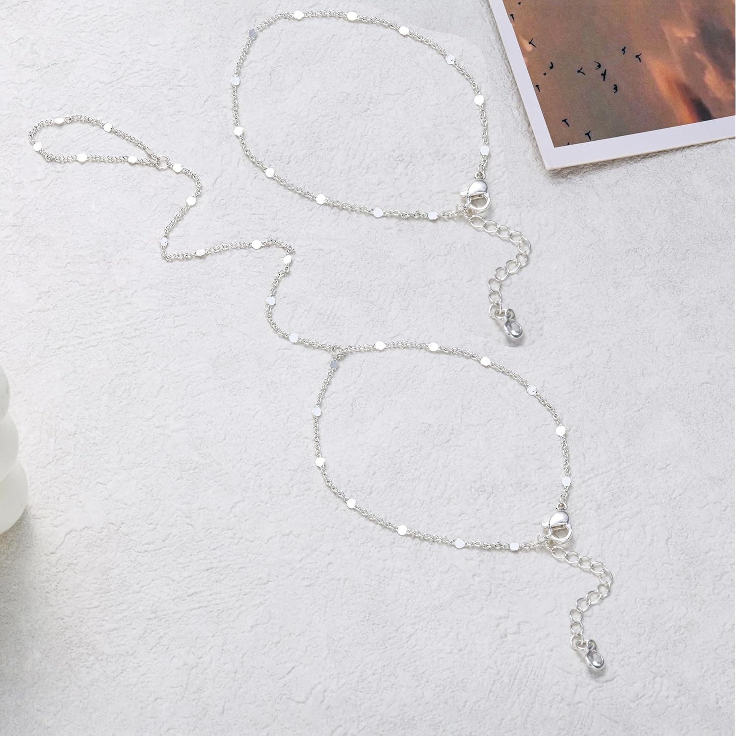 Moodear Sterling Silver Dainty Ring Bracelet Hand Chain for Women - 14K Gold Plated/Sterling Silver Layered Adjustable Satellite Bead Paperclip Dot CZ Link Hand Chain Bracelets Non Tarnish Trendy Jewelry Gift