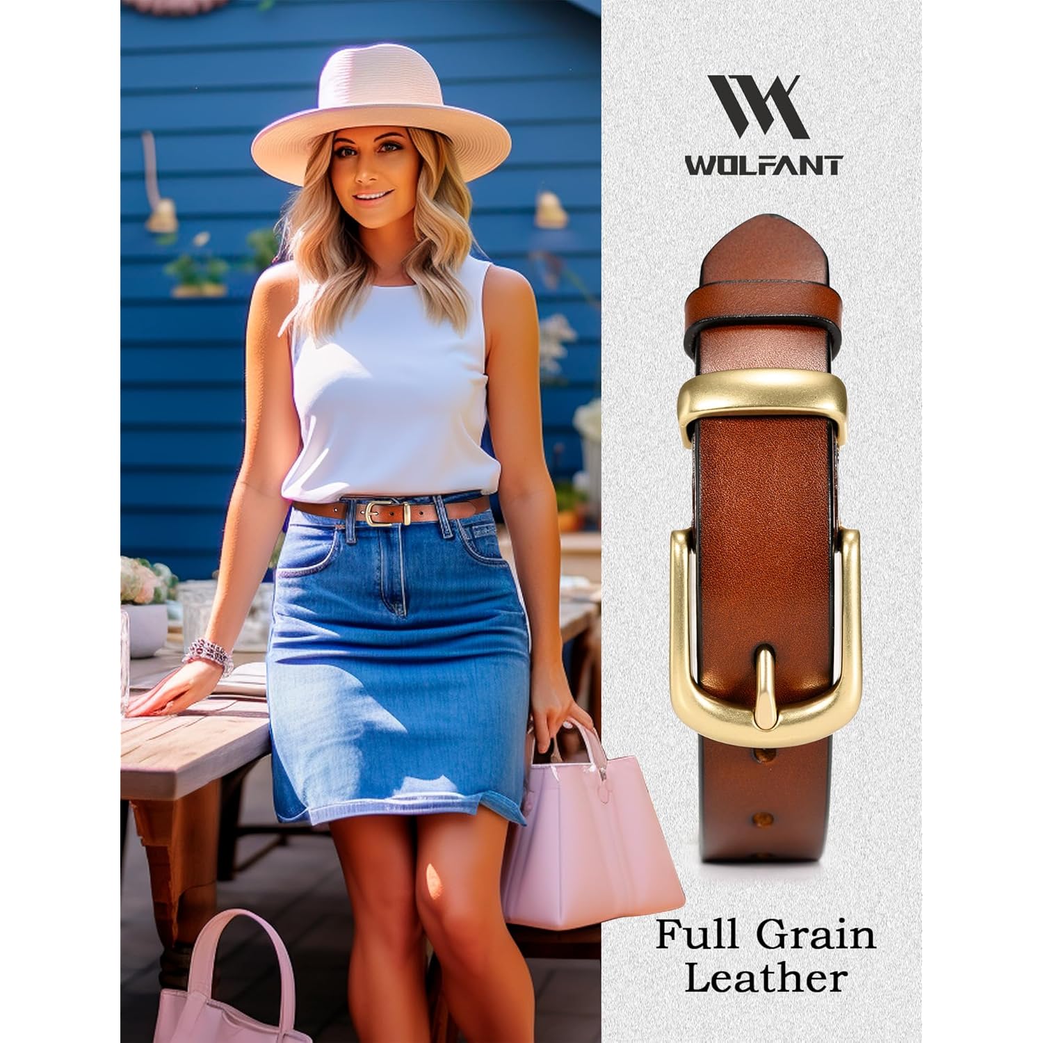 WOLFANT Womens Belts for Jeans,1.1" Fashion Ladies Belt with Gold Buckle,100% Italian Full Grain Real Solid Leather