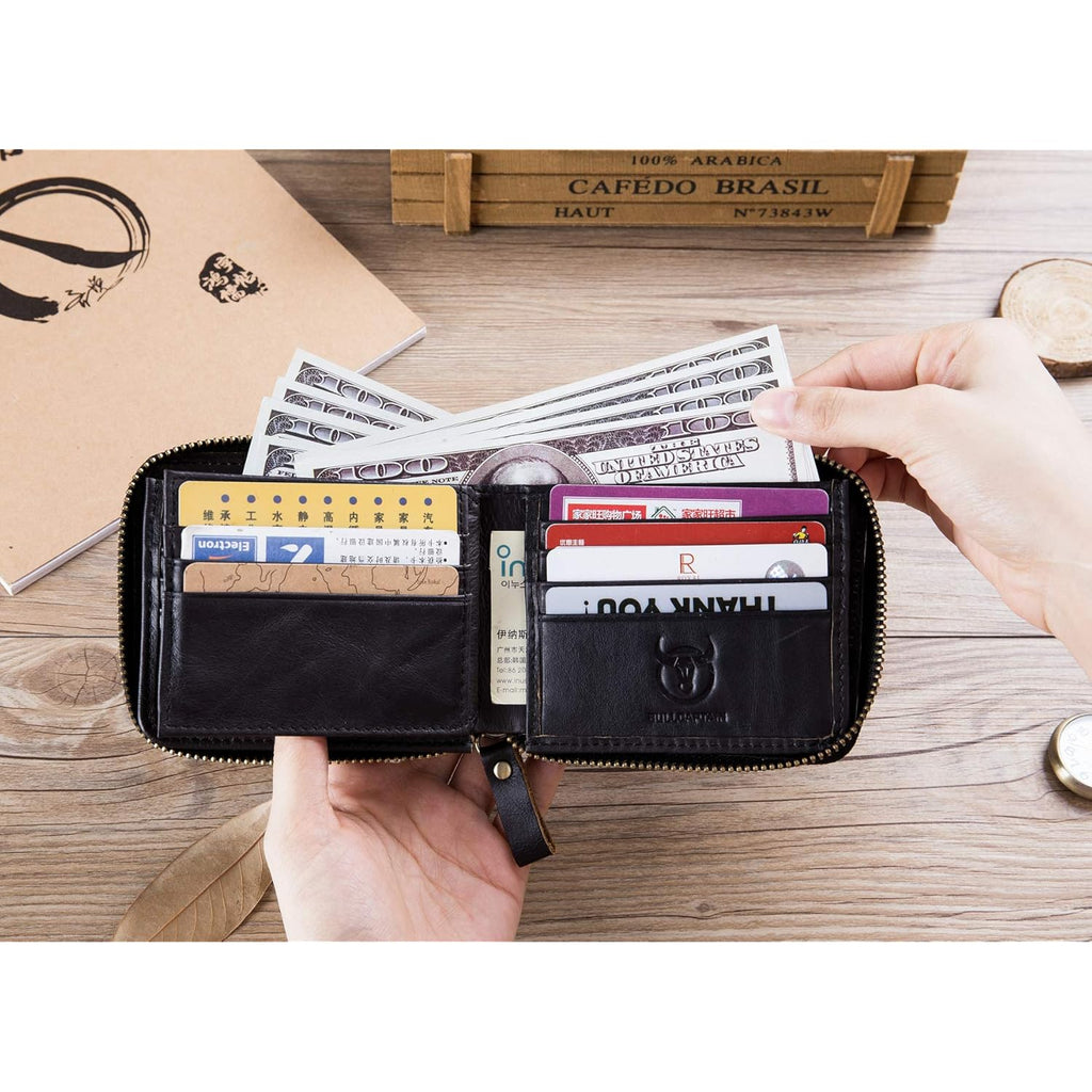 BULLCAPTAIN Mens Genuine Leather Zipper Wallet RFID Blocking Bifold Secure Zip Around Wallets Multi Credit Card Holder Purse (black)