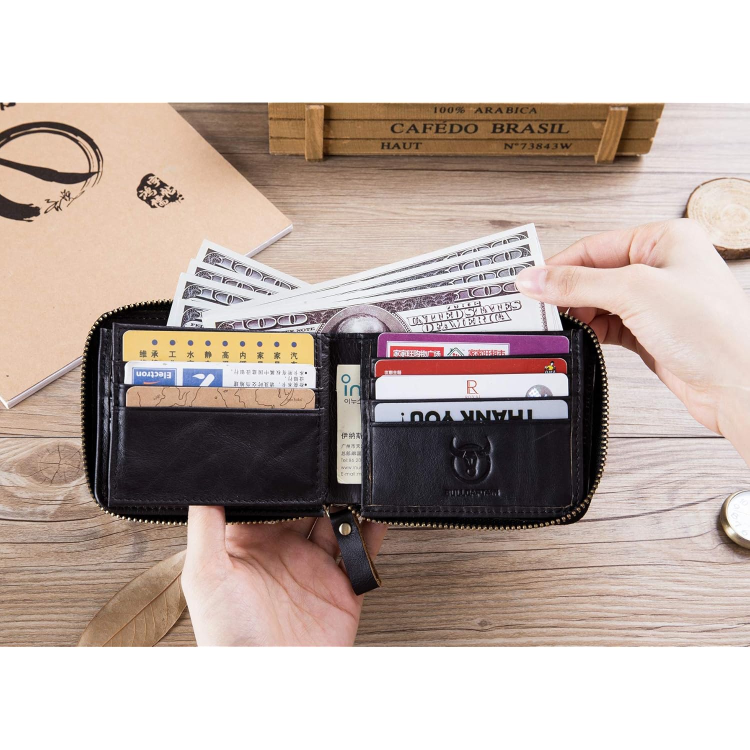 BULLCAPTAIN Mens Genuine Leather Zipper Wallet RFID Blocking Bifold Secure Zip Around Wallets Multi Credit Card Holder Purse (black)