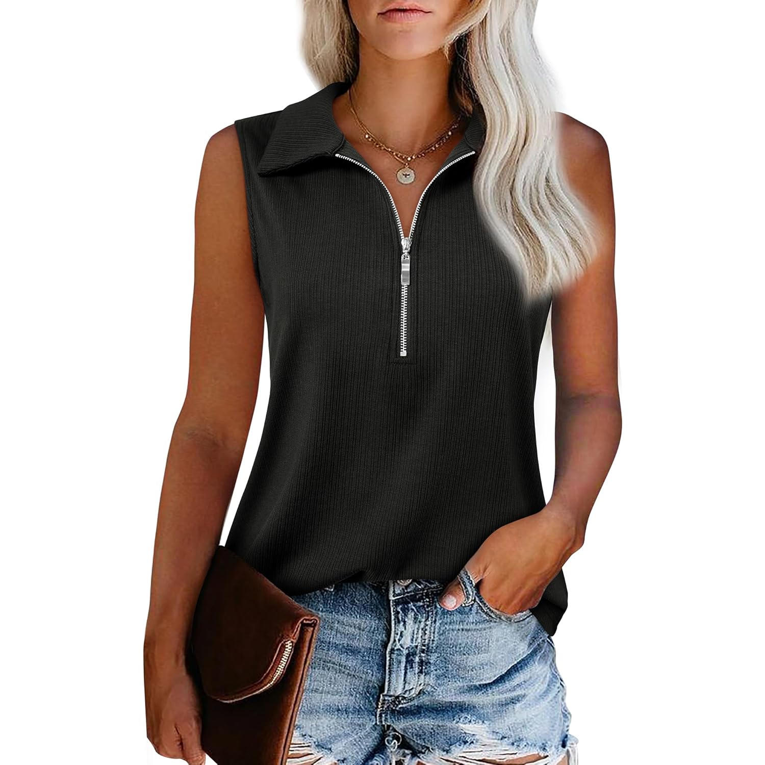 Vivilli Womens Ribbed Tank Top Zipper V Neck Dressy Casual Blouses Sleeveless Camisole Tops Work Tank Polo Shirts