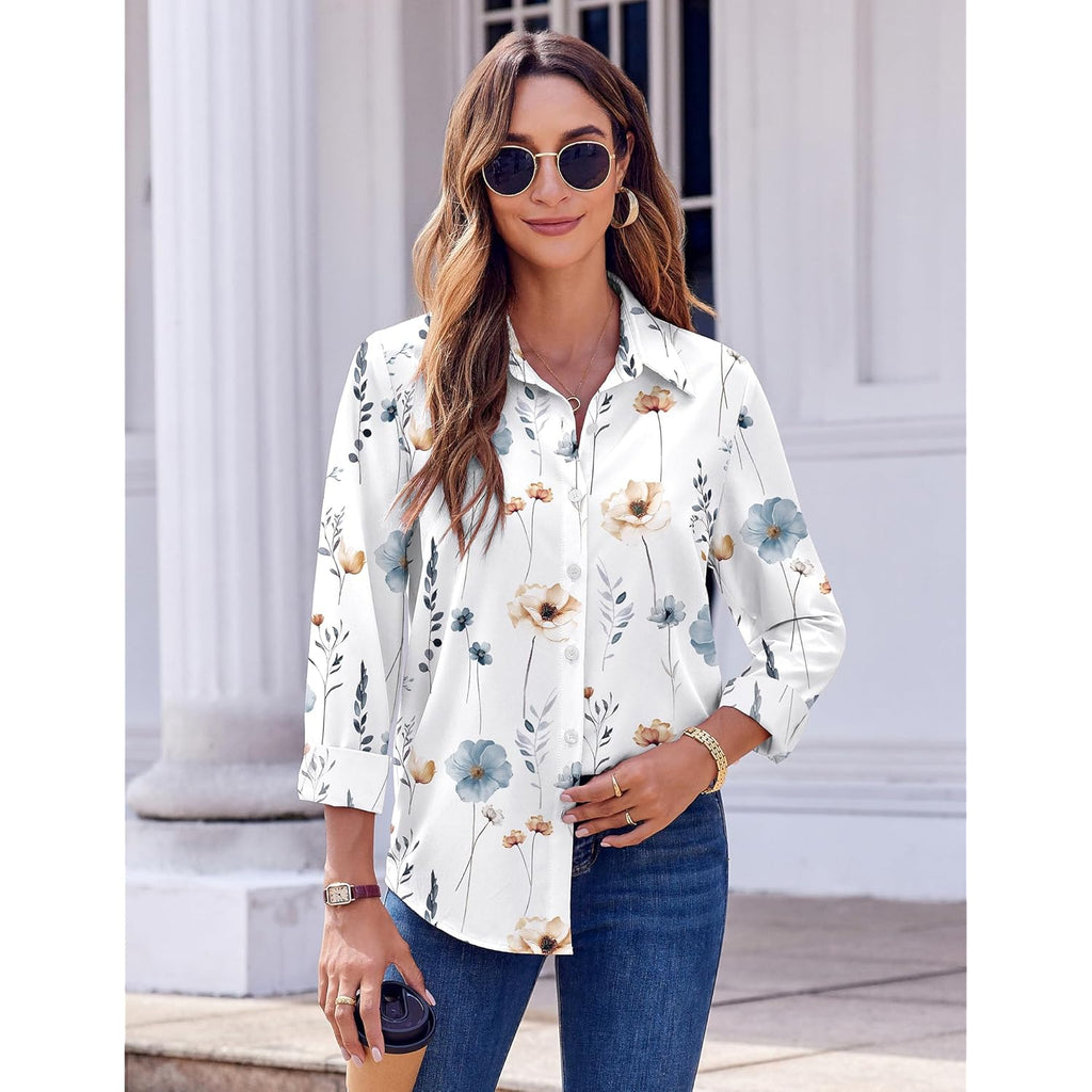 Zeagoo Button Down Shirts for Women Dressy Floral Printed Long Sleeve Blouse Business Casual Work Tops