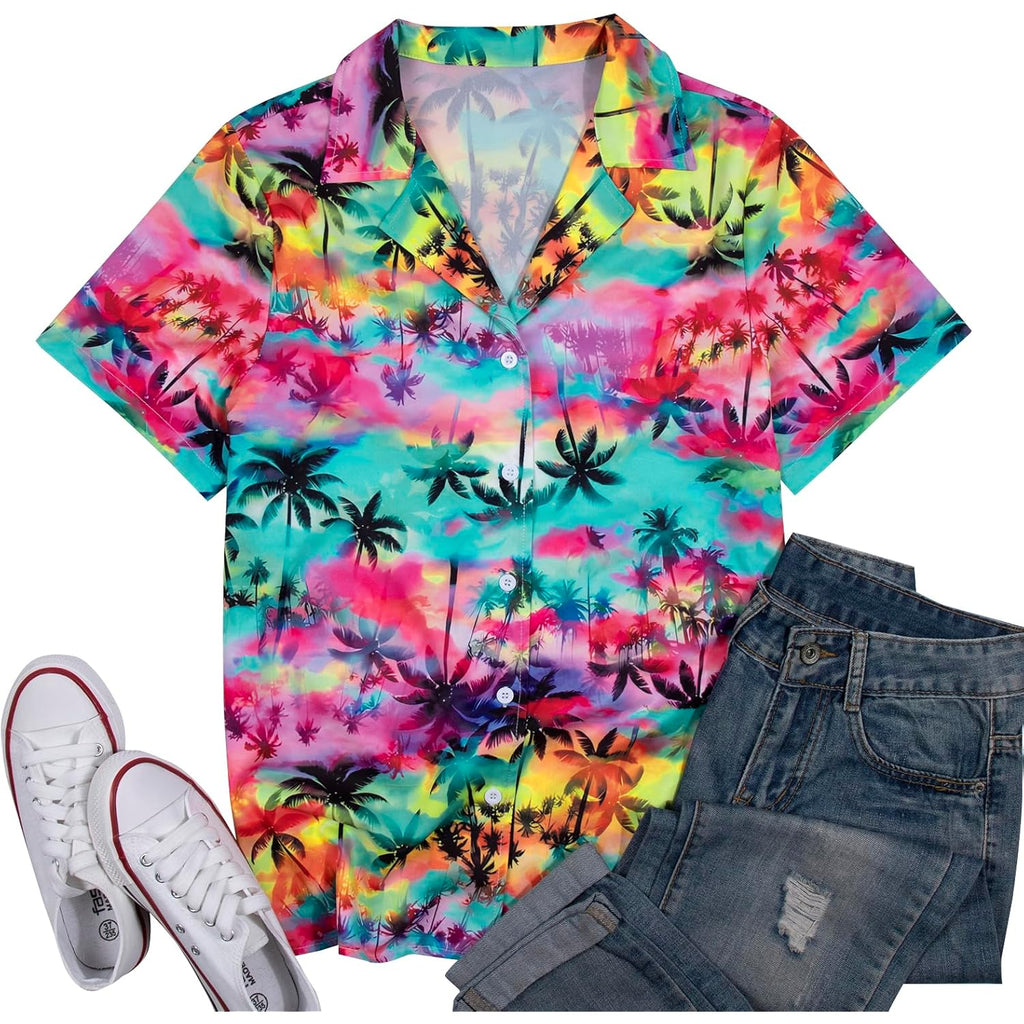 Women Hawaiian Shirt Soft Cool Summer Hawaii Tshirts Beach Tropic Print V Neck Button up Tops Floral Short Sleeve Tops