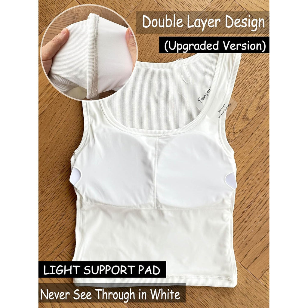 Danysu Women Rib Tank Top Padded Workout Top Square Neck Crop Tank Fitted Basic Cami Tops