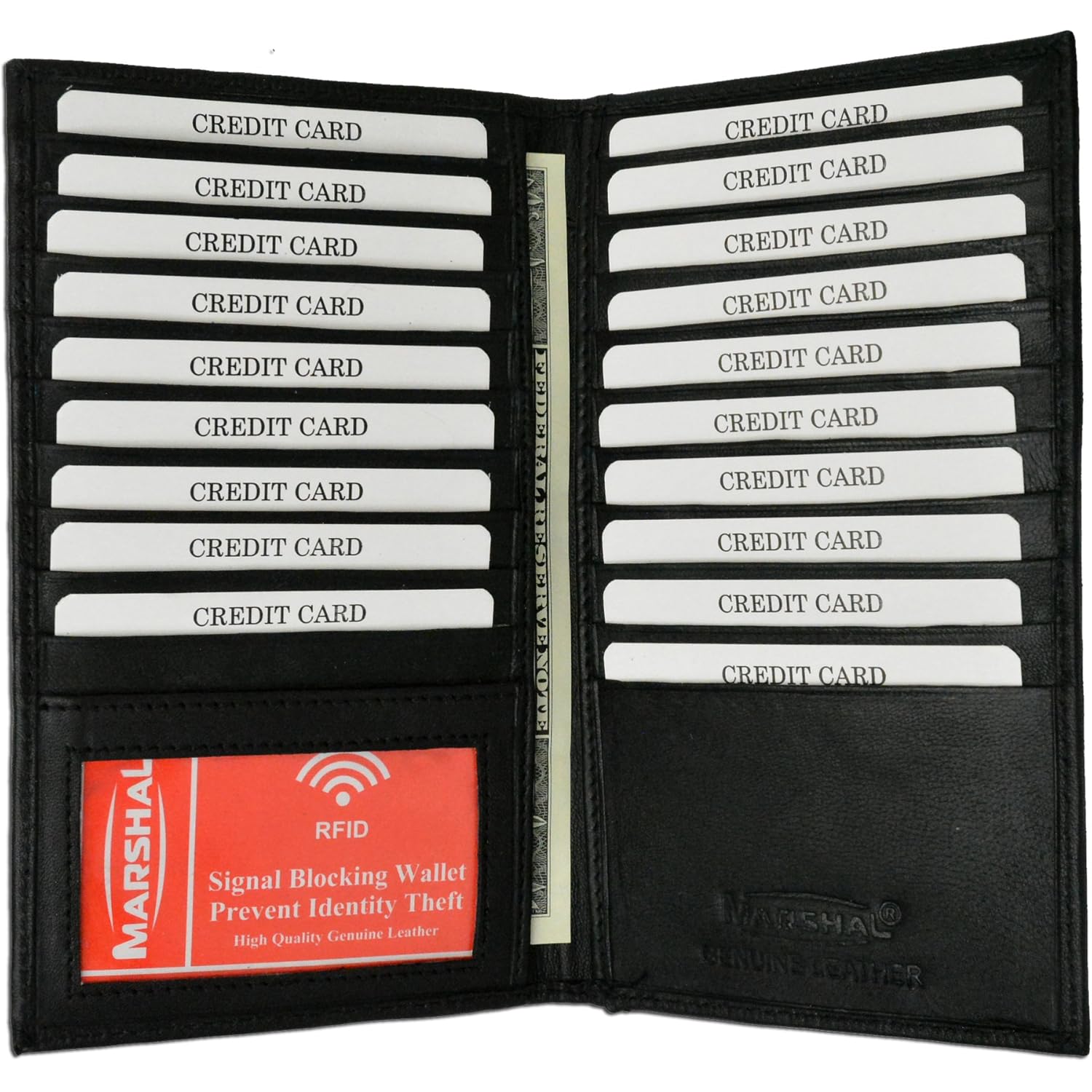 Marshal Bifold Leather RFID Blocking Wallet For Men & Women | Genuine Leather Holder With 19 Slots, 2 Bill Compartments & ID Window For Credit/Debit Cards, Money & More (Black)