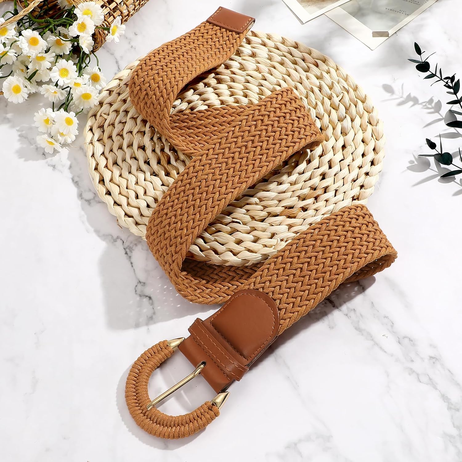 Women Wide Woven Belt for Dresses Fashion Rattan Braided Waist Belt Straw Raffia Boho Belt for Jeans