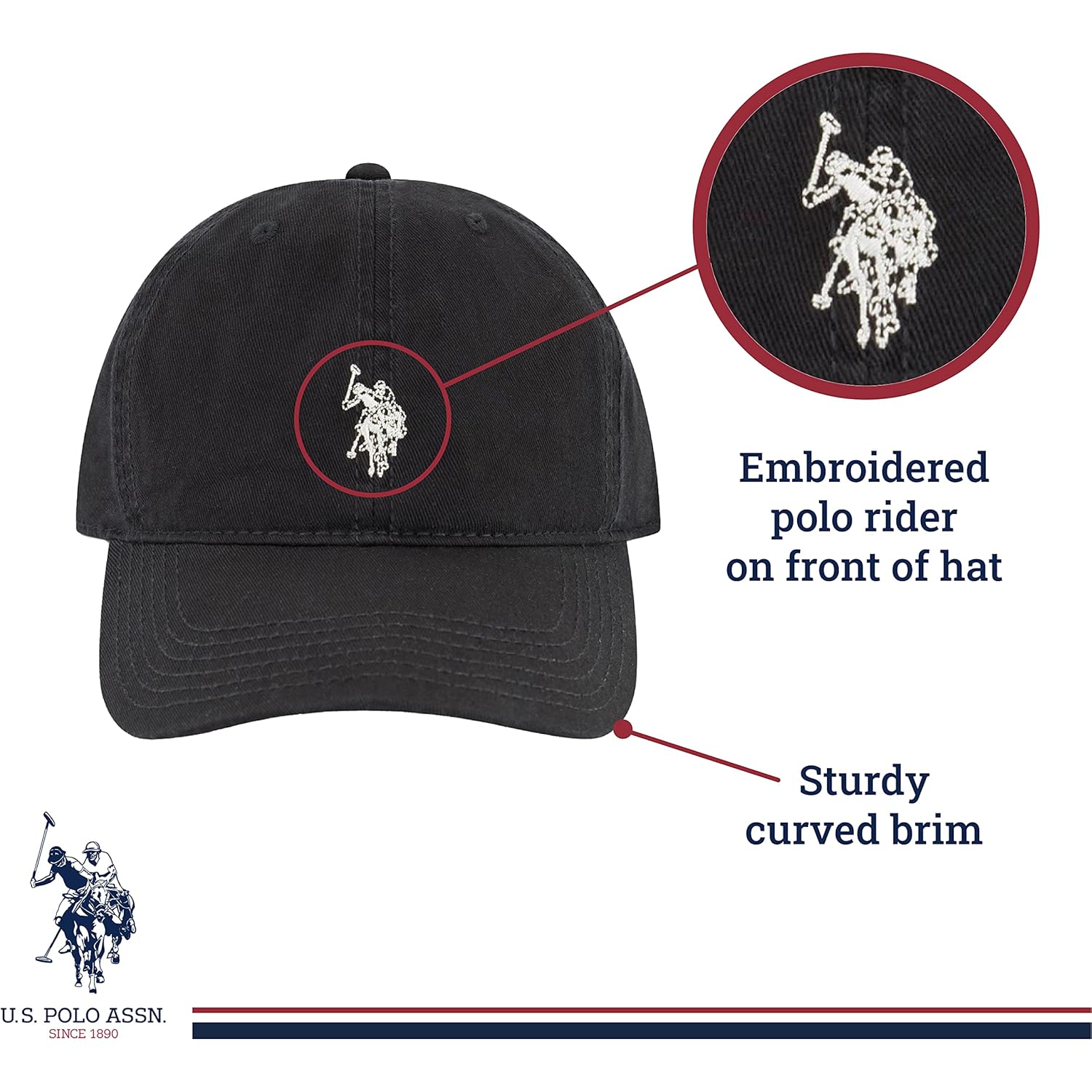 U.S. Polo Assn. Small Polo Pony Logo Baseball Hat, 100% Cotton, Adjustable Cap