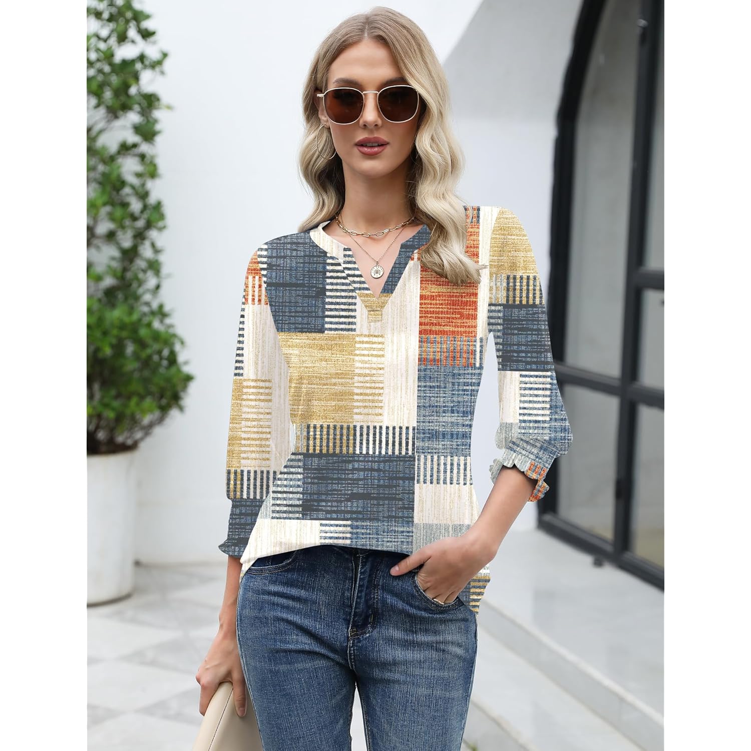 LOMON Women's 2025 Fashion Tops 3/4 Length Sleeve Business Casual Blouses Summer Tees Shirts（S-4XL