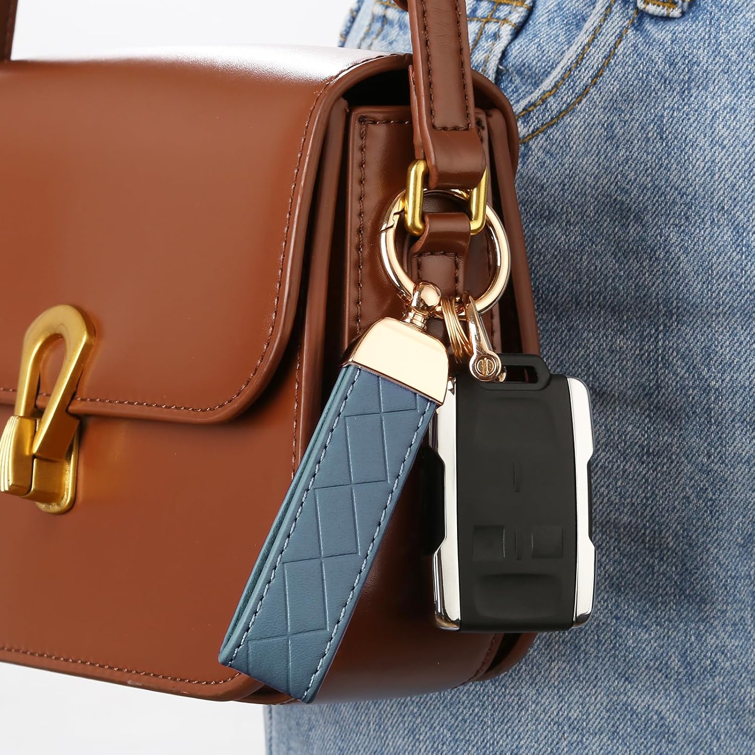 2 Pack Leather Keychains, Car Key chains for women men, Key Fob Holder with Keyrings, Anti-Lost D-Ring