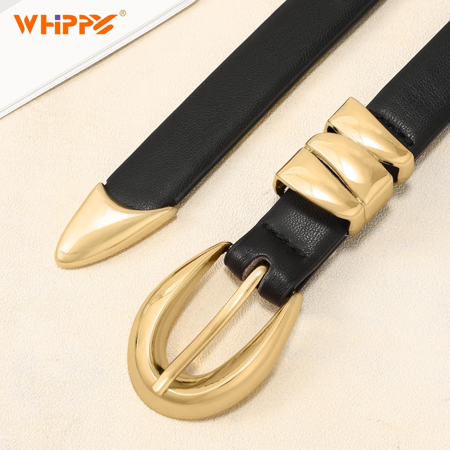 WHIPPY Women Skinny Leather Belt for Jeans Pants Dresses Ladies Fashion Waist Belt with Shiny Gold Buckle