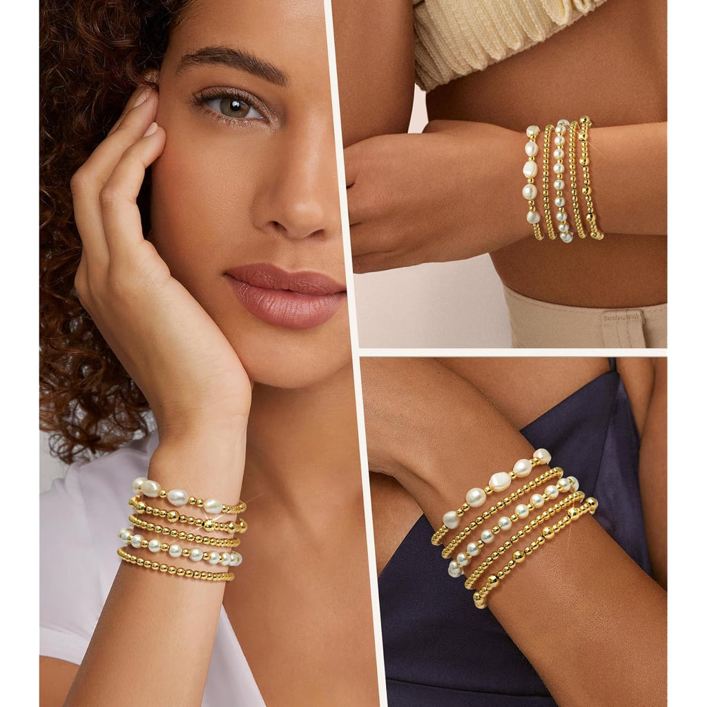 adoyi Gold Bracelets for Women Beaded Bracelet 14K Gold Plated Bracelet Stack Strand Stretch Bead Ball Bracelet Set Stackable Bracelet Adjustable Bracelet Set Jewelry for Gifts