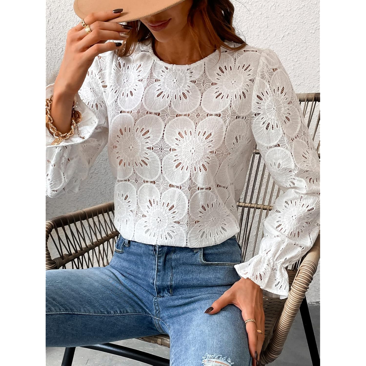 CUPSHE Women Eyelet Long Sleeve Tops Shirts Dressy Hollow Out Crochet Lace Embroidered Blouses 2025 Fashion