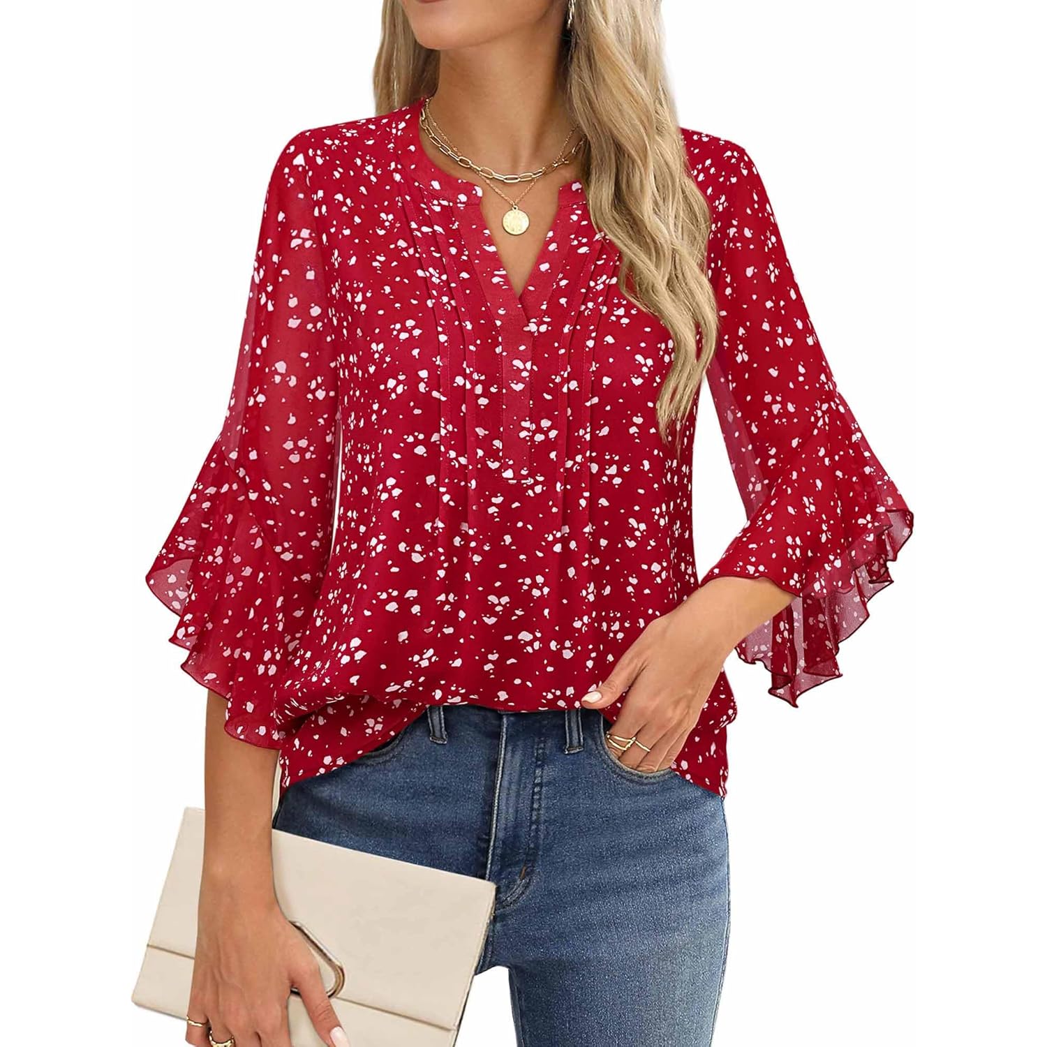 Timeson Women's 3/4 Sleeve Tops Dressy Casual Business Work Blouses Chiffon Shirts