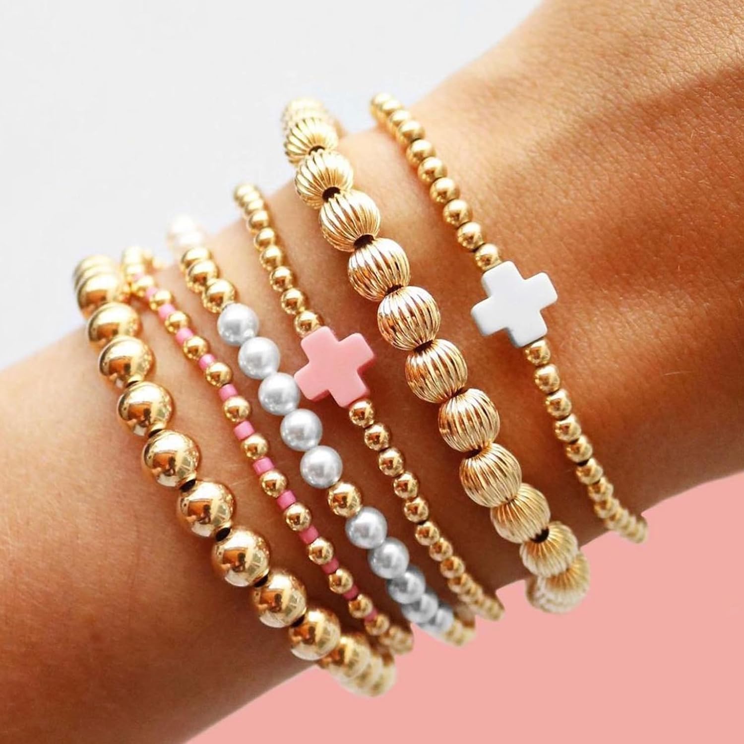 HUASAI Gold Beaded Bracelet Stack for Women Trendy Non Tarnish Chunky Stretch Paperclip Cross Pearl Bracelets Set Stackable Jewelry Costume Accessories