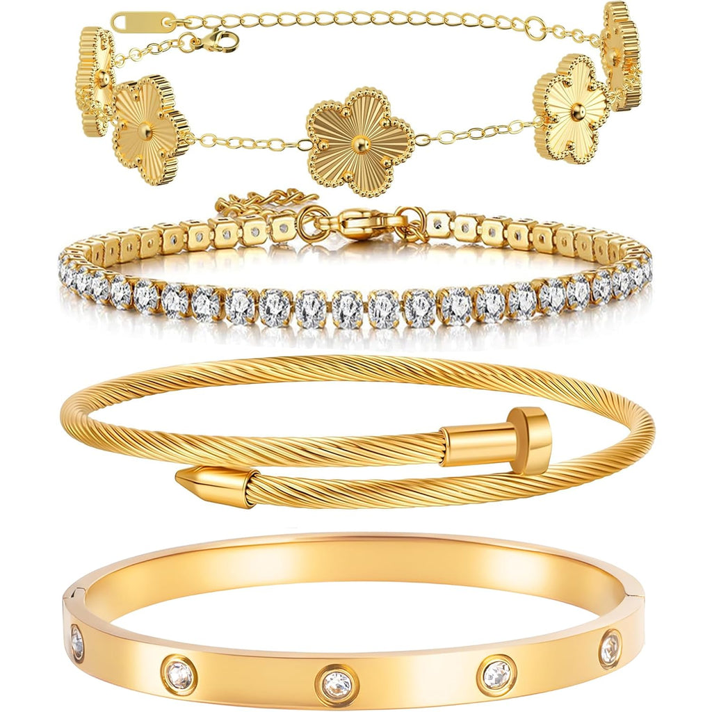Lamdo 18K Gold Plated Womens Stackable Floral Gold Clover Bracelets Set Love Bangle Bracelets Non Tarnish, Gold Bracelet Set Trendy Jewelry,Gifts for Women's Day and Mother's Day