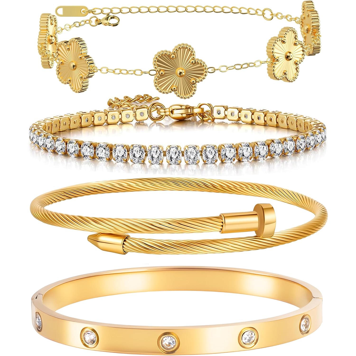 Lamdo 18K Gold Plated Womens Stackable Floral Gold Clover Bracelets Set Love Bangle Bracelets Non Tarnish, Gold Bracelet Set Trendy Jewelry,Gifts for Women's Day and Mother's Day