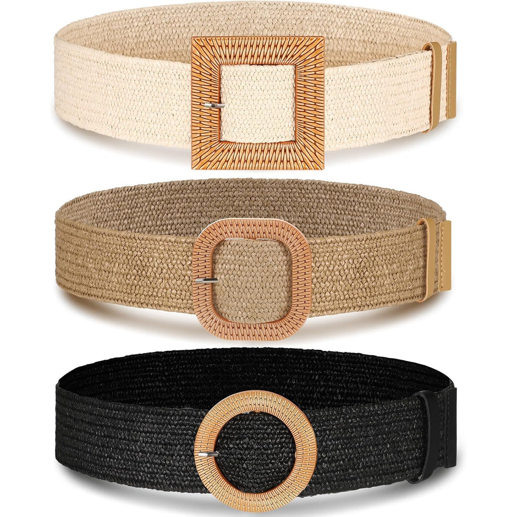 Syhood 3 Pieces Straw Woven Elastic Waist Belt for Women Bohemian Dress Braided Belt