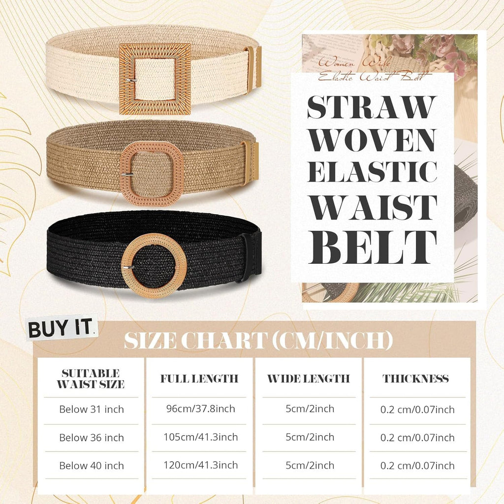 Syhood 3 Pieces Straw Woven Elastic Waist Belt for Women Bohemian Dress Braided Belt