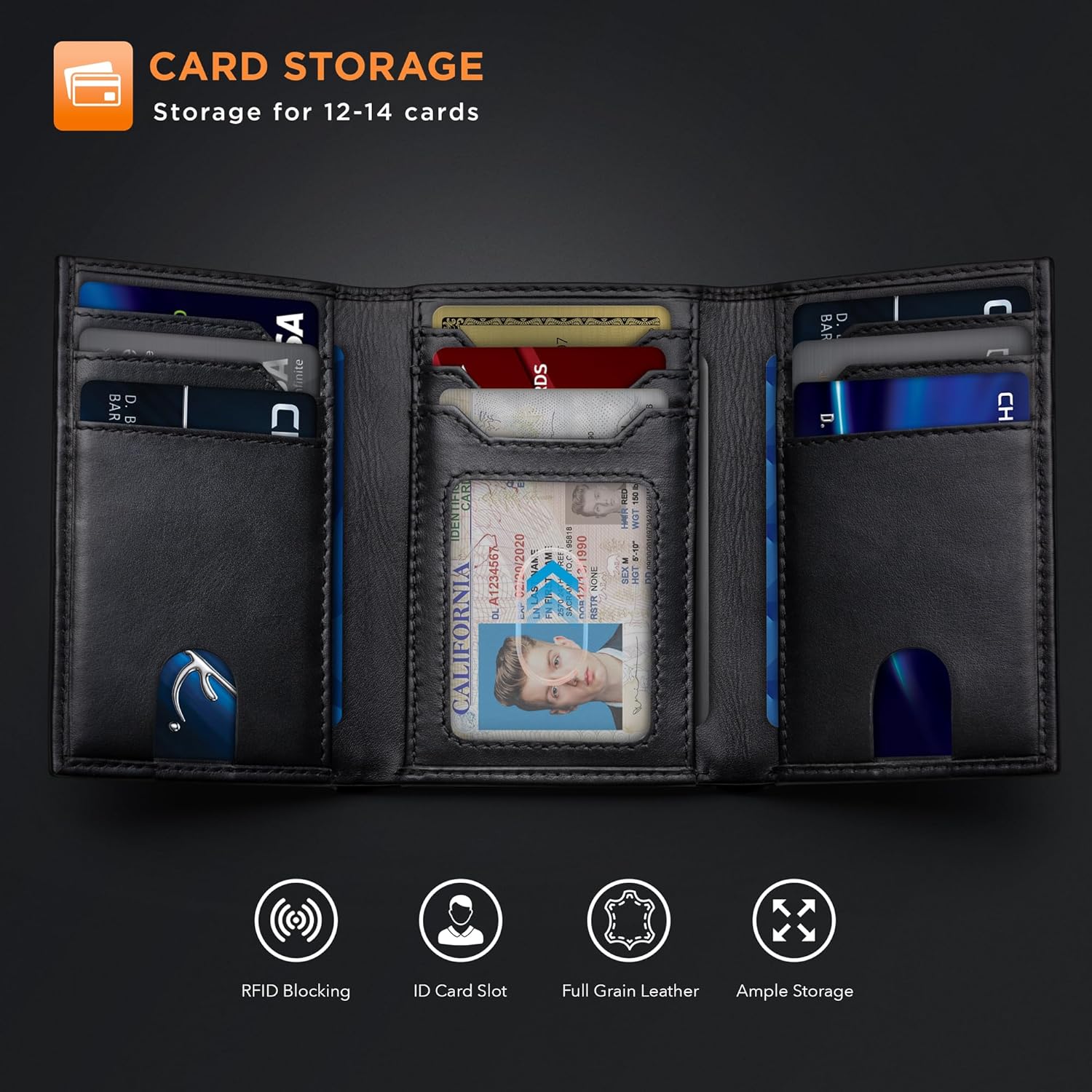 SERMAN BRANDS Trifold Wallet for Men - RFID Blocking Genuine Leather, 11 Card Slots & ID Window, Slim Everyday Carry, Durable Stitching, Gift for Him