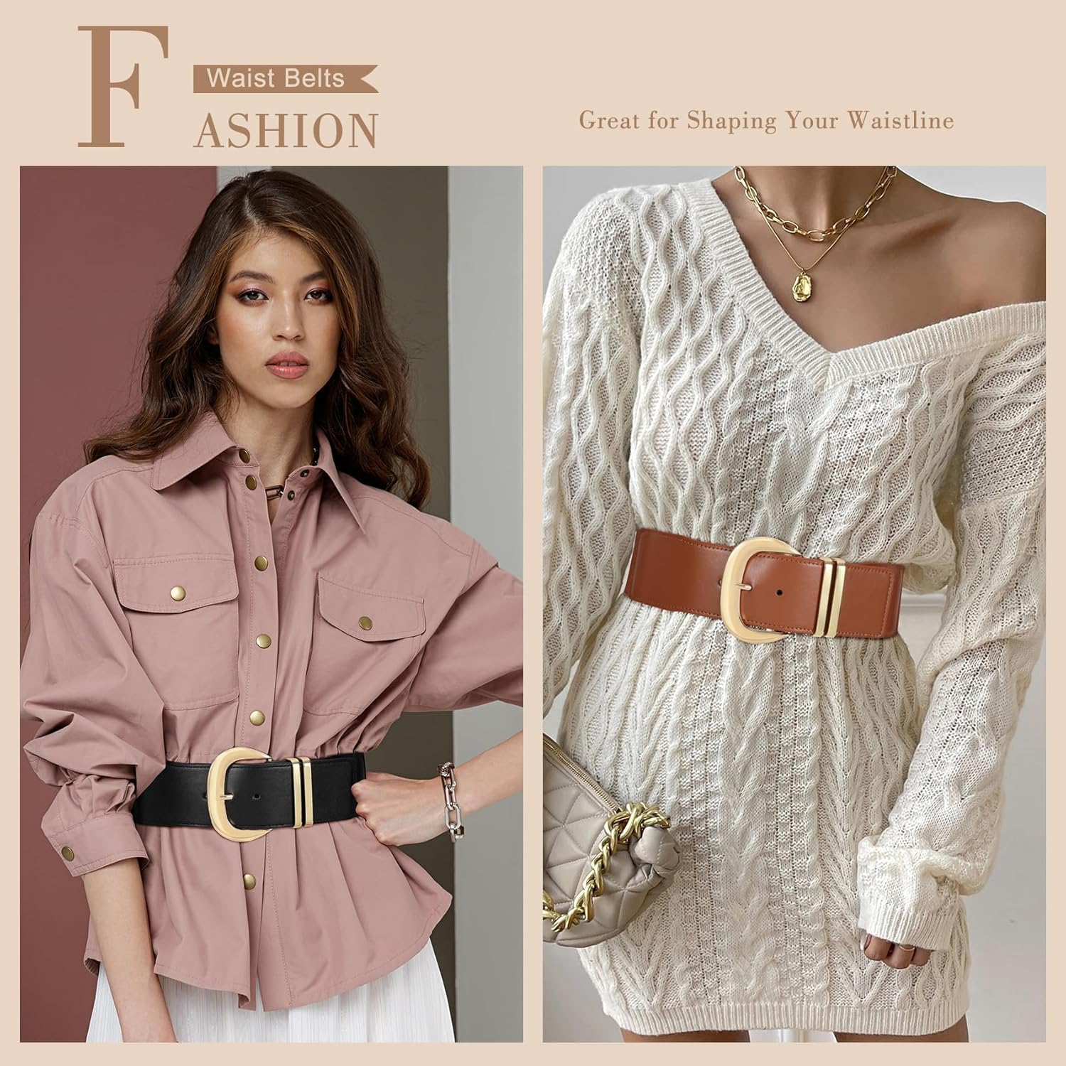 WHIPPY Women Wide Elastic Waist Belt for Dresses Fashion Gold Buckle Stretchy Leather Waistband for Ladies