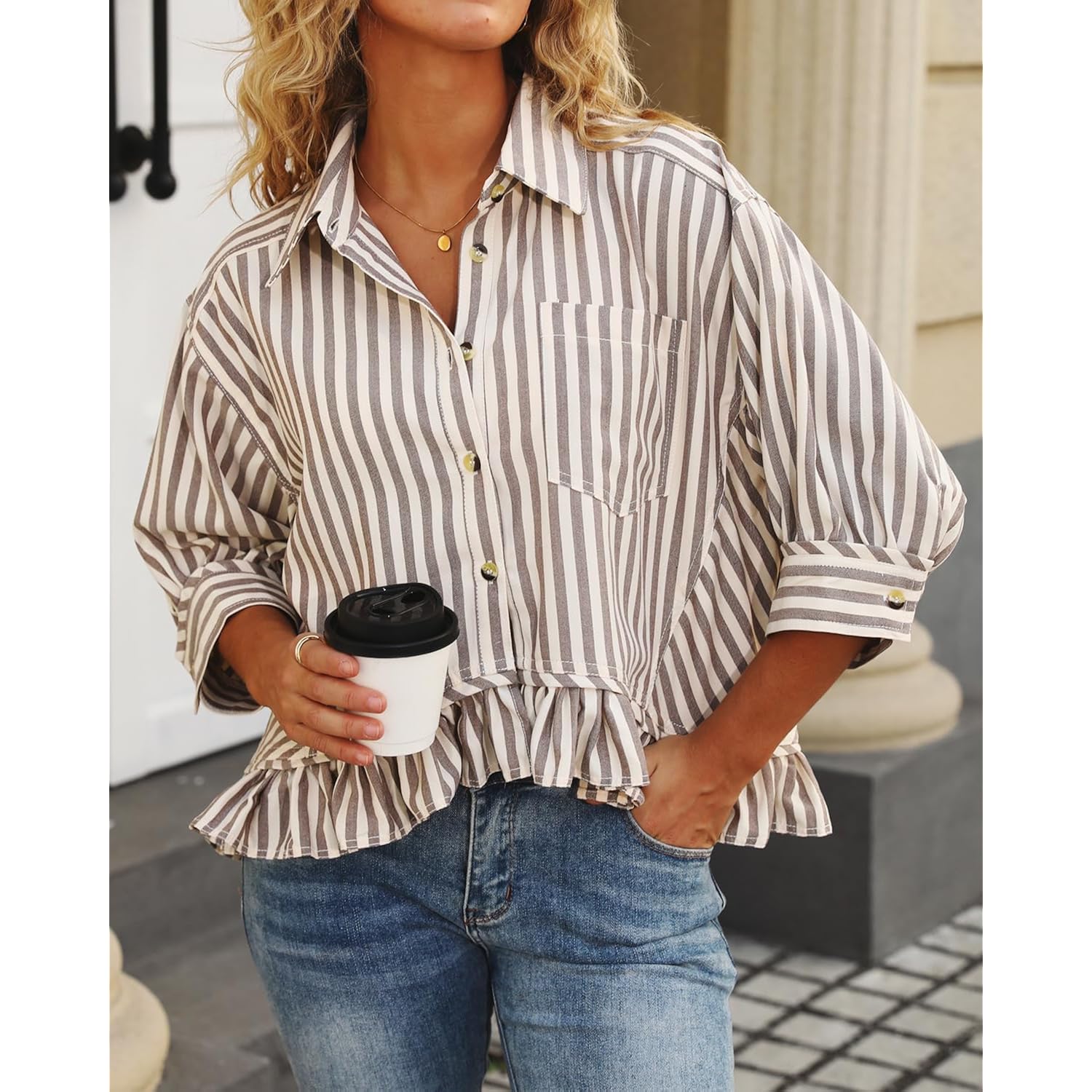 CHYRII Womens Summer Tops Dressy Casual Blouse Top Ruffled Short Sleeve Button Down Striped Shirt