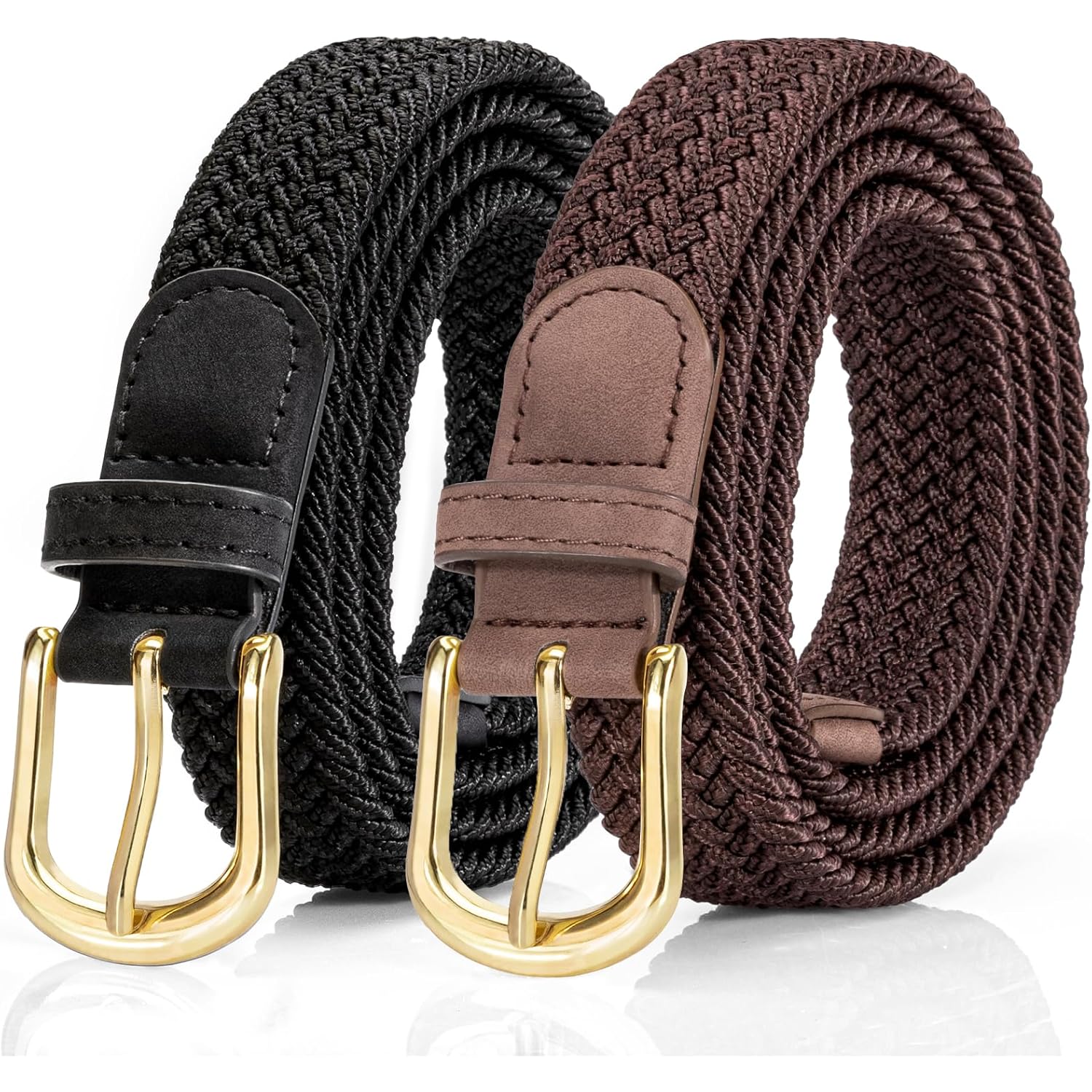 2 Pack Braided Belt for Women, Elastic Woven Stretch Fabric Cloth Belt with Gold Buckle