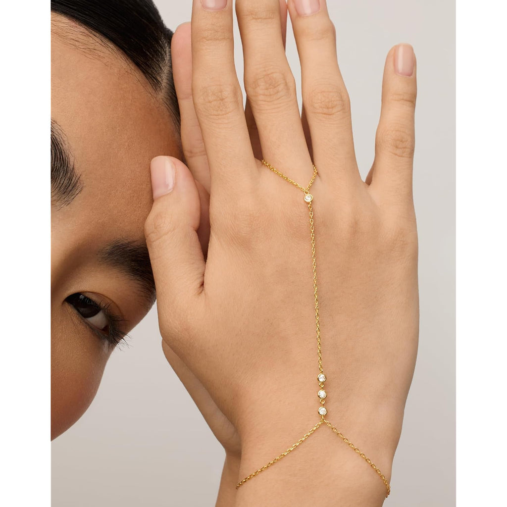 PAVOI 14K Gold Plated Freshwater Pearl Gold Hand Chain Bracelet for Women - Trendy Ring Bracelet Hand Chain Body Jewelry