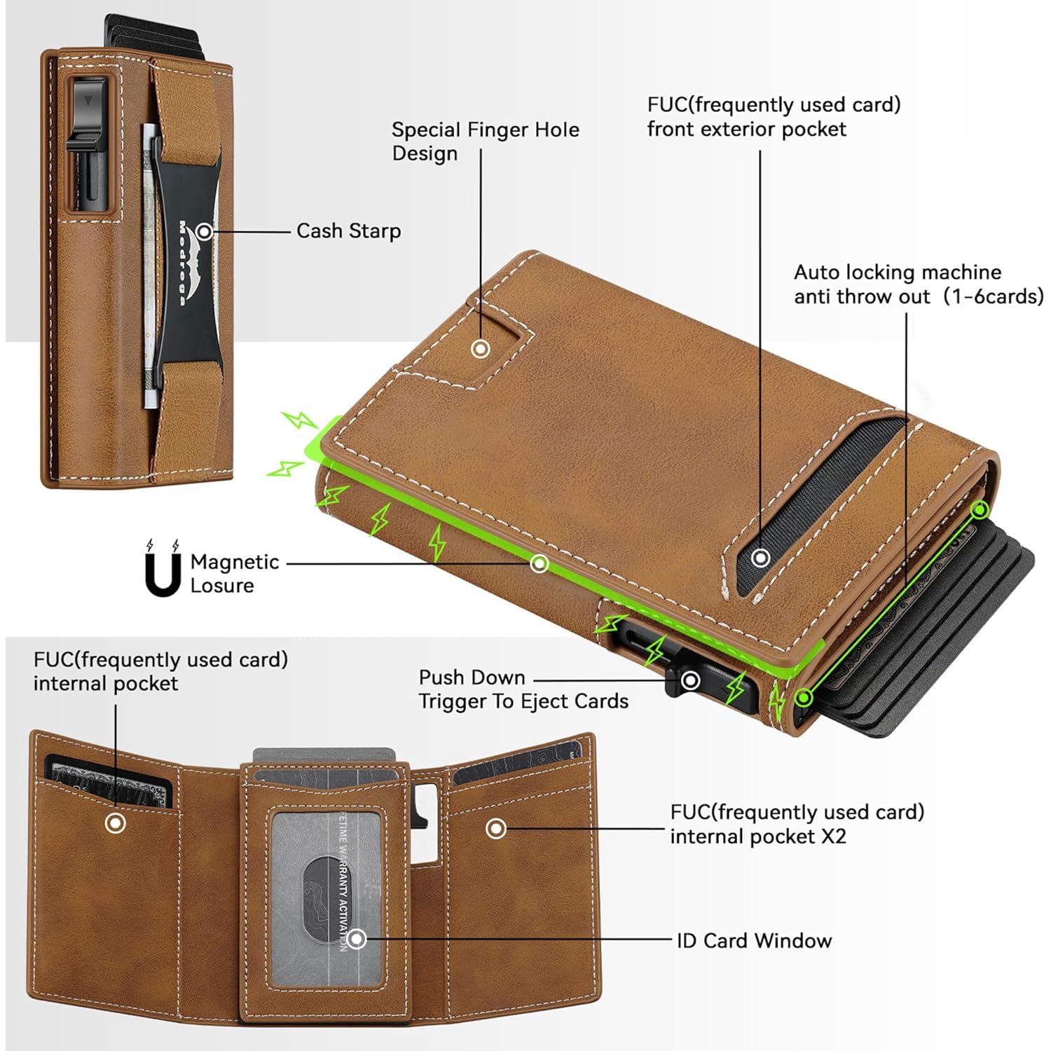 Leather Wallet for Men Slim Minimalist: Smart Pop Up Wallet with Cash Strap - RFID Front Pocket Trifold Credit Card Holder - Gift for Man Husband at Anniversay Brithday