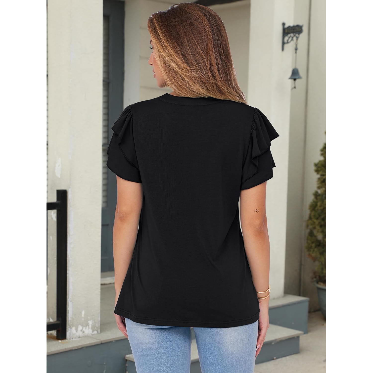 ANRABESS Womens Tops Dressy Casual Ruffle Short Sleeve V Neck Blouses Summer Button Down Business Work Elegant Shirts