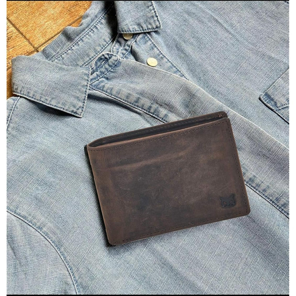 Real Leather Mens Bifold Wallet RFID Blocking Slim Minimalist Front Pocket - Thin & Stylish with ID Window in Gift Box (Crazy Horse, Coffee)
