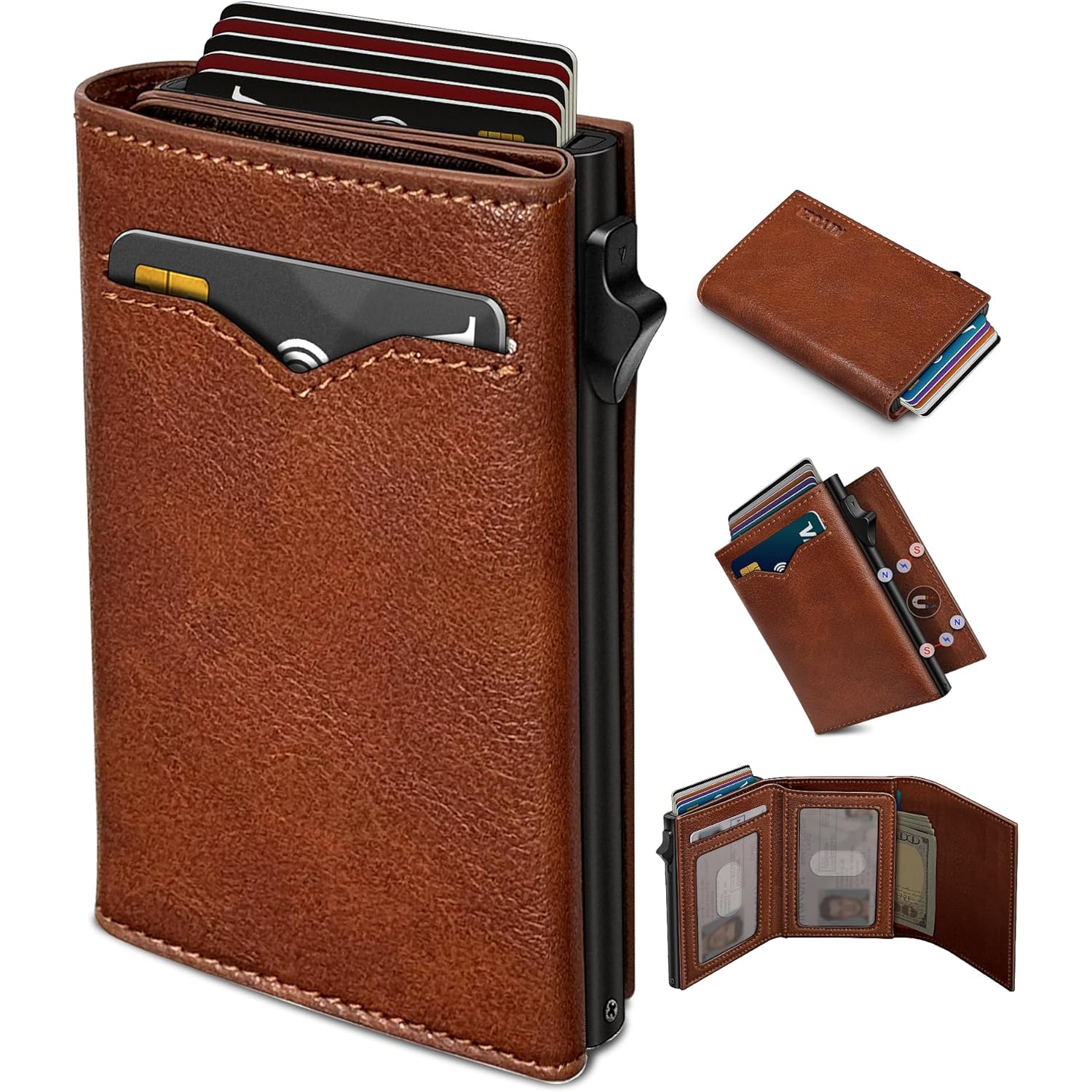Wallet for Men,with Cash Pocket 2 ID Window 9-13 Cards,Metal Case Smart Slim Pop Up Credit Card Holder Flip with Magnetic Closure RFID Blocking Trifold wallet with Gift Box