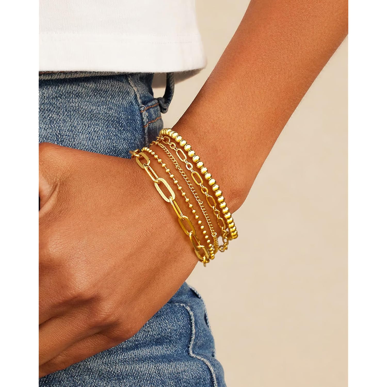 Waterproof Gold Chain Bracelet For Women Non Tarnish,14K Gold Plated Stainless Steel Link Dainty Bracelets Stake Layered Bracelet Set Hypoallergen Gold Jewelry