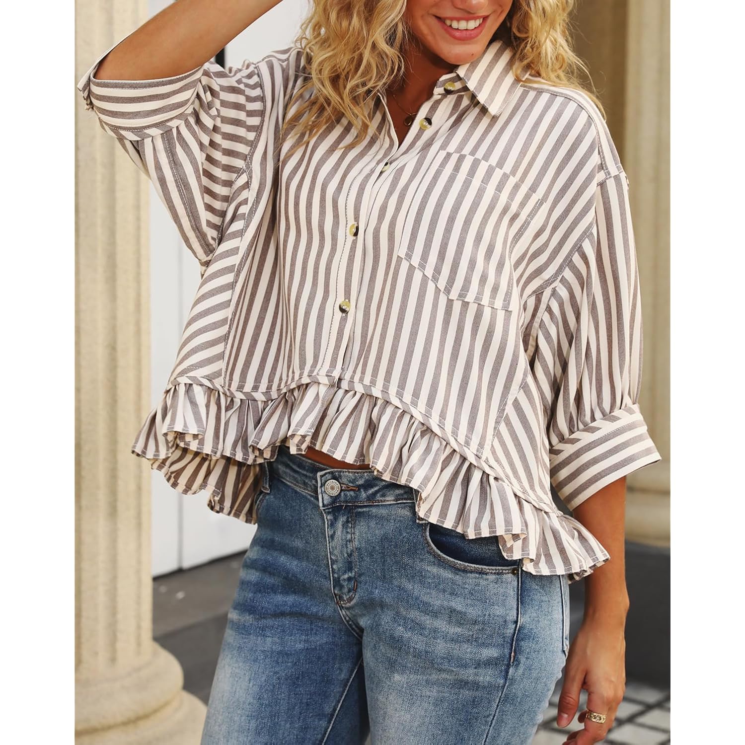 CHYRII Womens Summer Tops Dressy Casual Blouse Top Ruffled Short Sleeve Button Down Striped Shirt