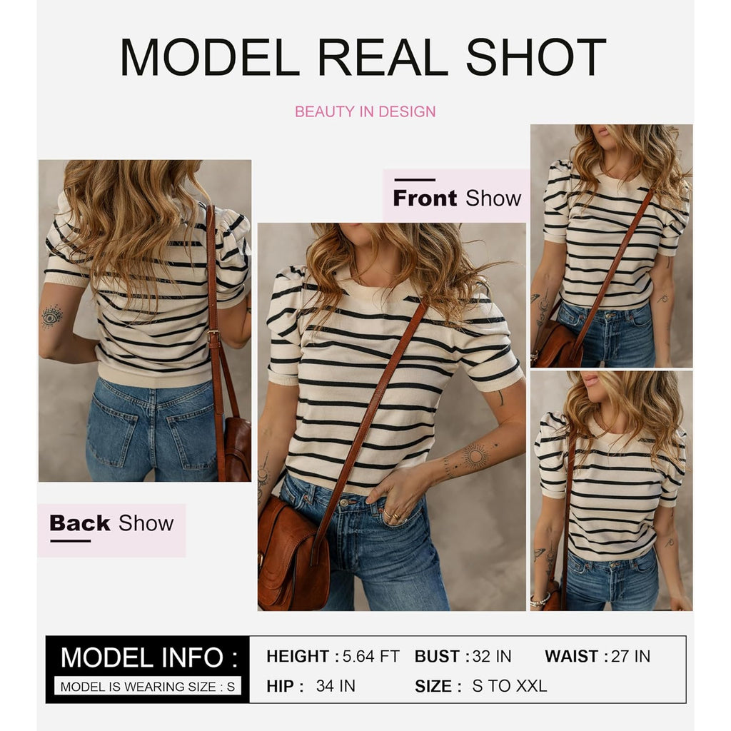 Dokotoo Women's Short Puff Sleeve Knit Tops 2025 Trendy Crewneck Striped T Shirts Casual Summer Blouses