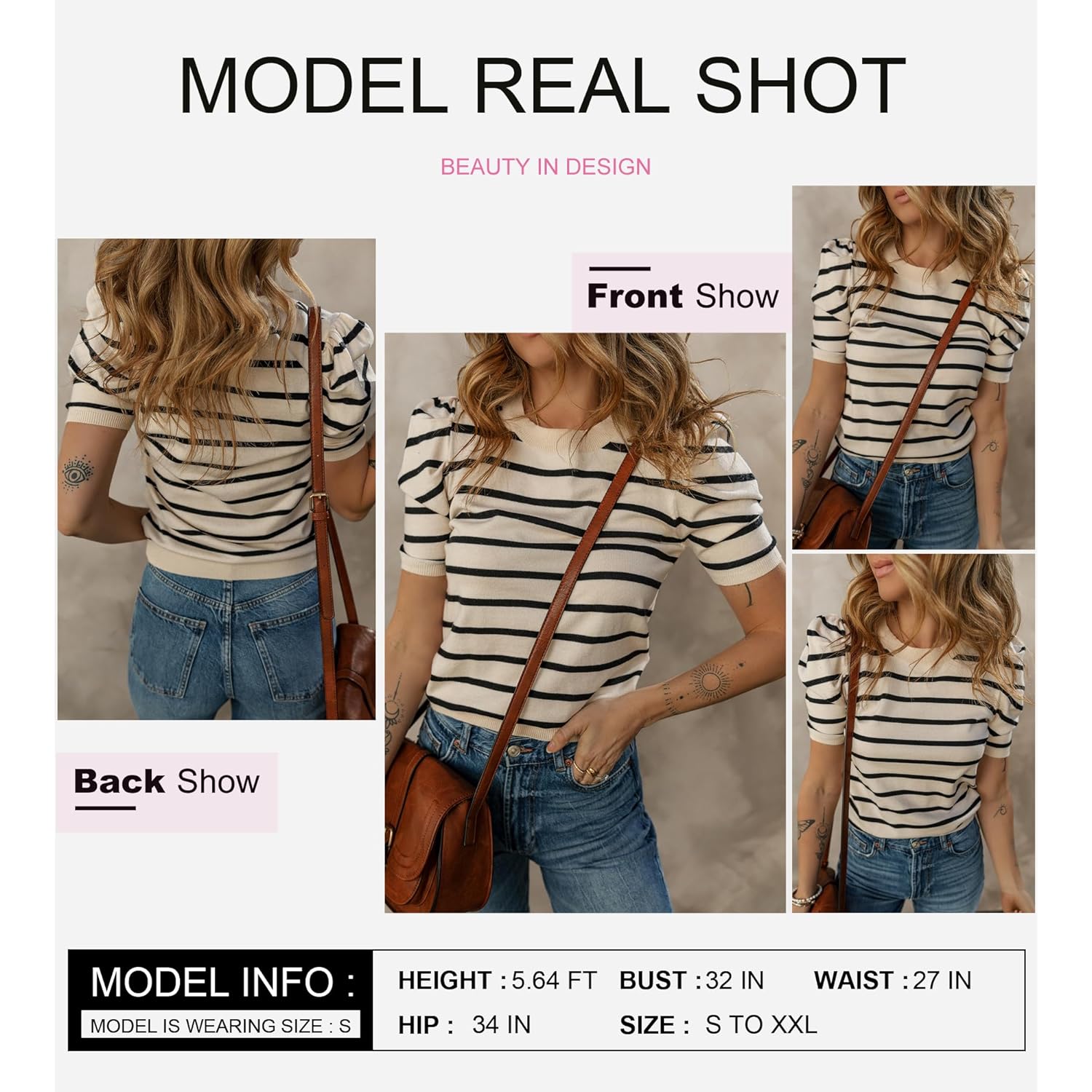 Dokotoo Women's Short Puff Sleeve Knit Tops 2025 Trendy Crewneck Striped T Shirts Casual Summer Blouses