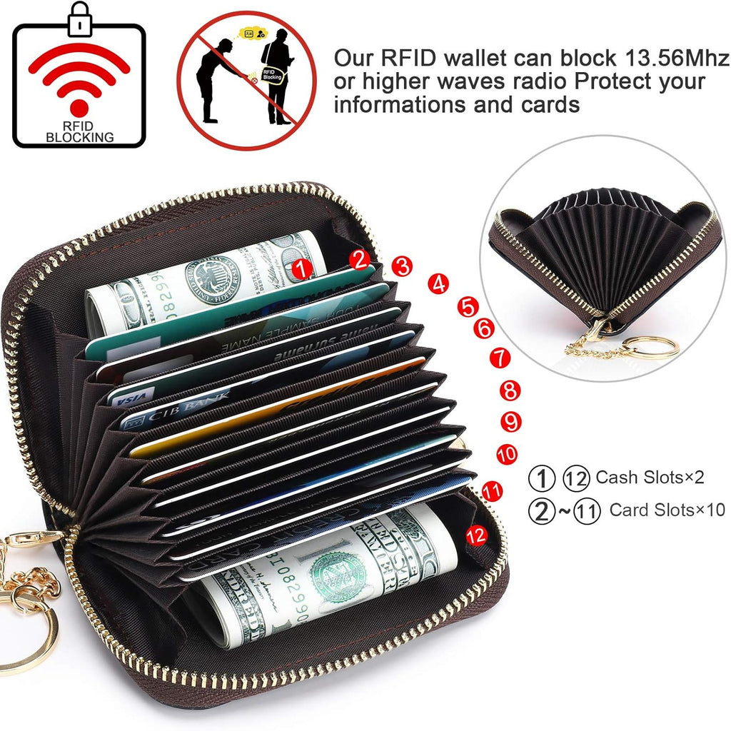 APHISON RFID Credit Card Holder Wallets for Women Leather Zipper Card Case for Ladies Keychain Wallet