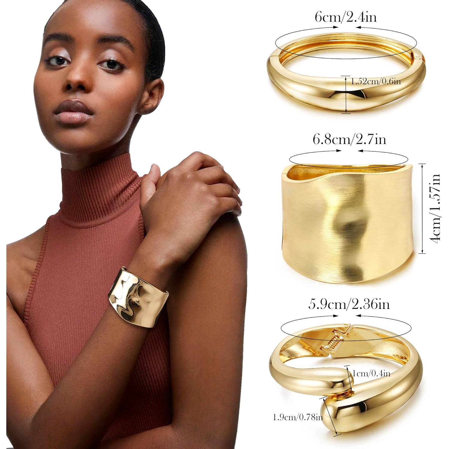 4 Pcs Women Gold Silver Cuff Bracelet Hinged Design Bracelet Trendy Chunky Cuff Bangle Thick Gold Silver Bracelets for Women