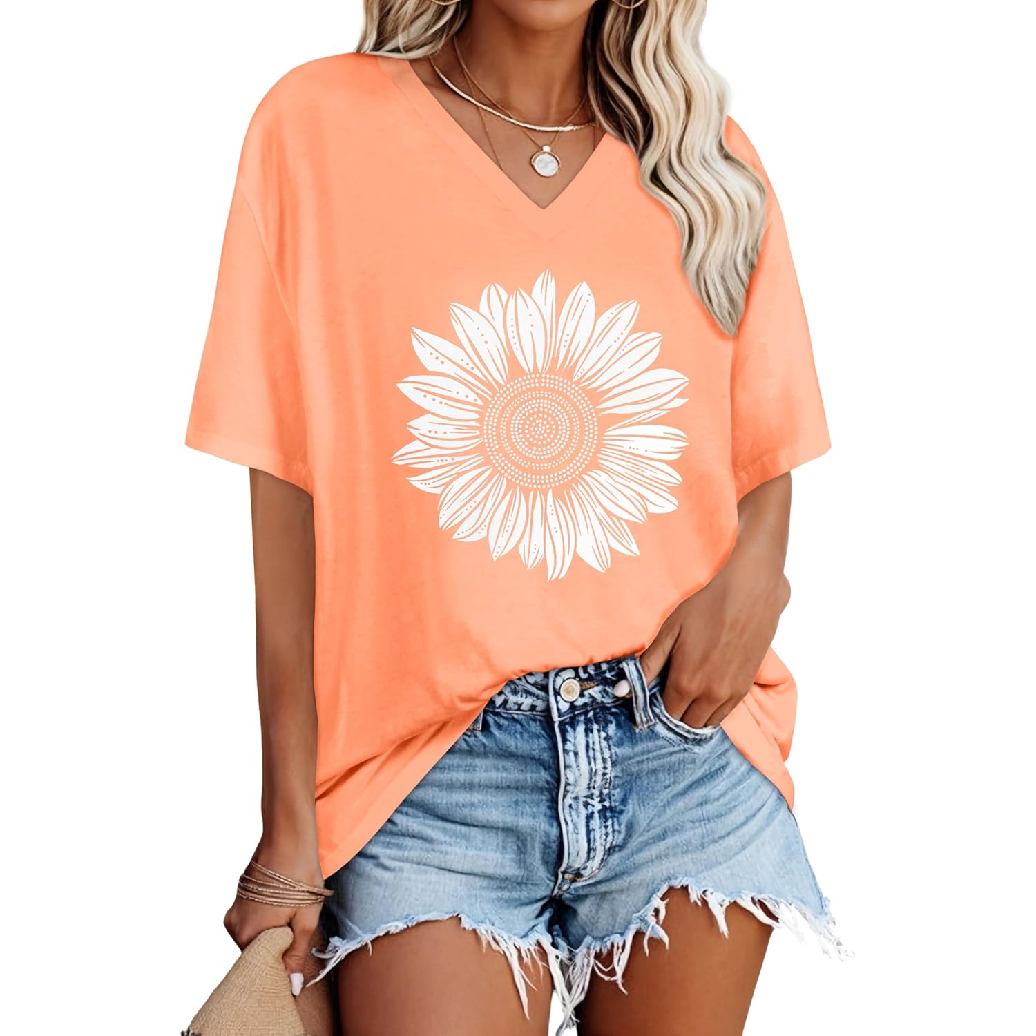 Oversized Tshirts for Women V Neck Short Sleeve Summer Casual Basic Loose Tops
