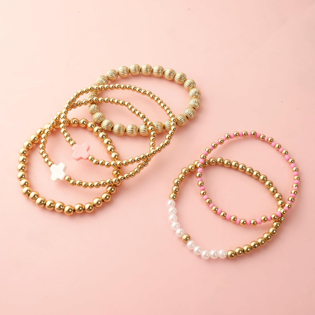 HUASAI Gold Beaded Bracelet Stack for Women Trendy Non Tarnish Chunky Stretch Paperclip Cross Pearl Bracelets Set Stackable Jewelry Costume Accessories