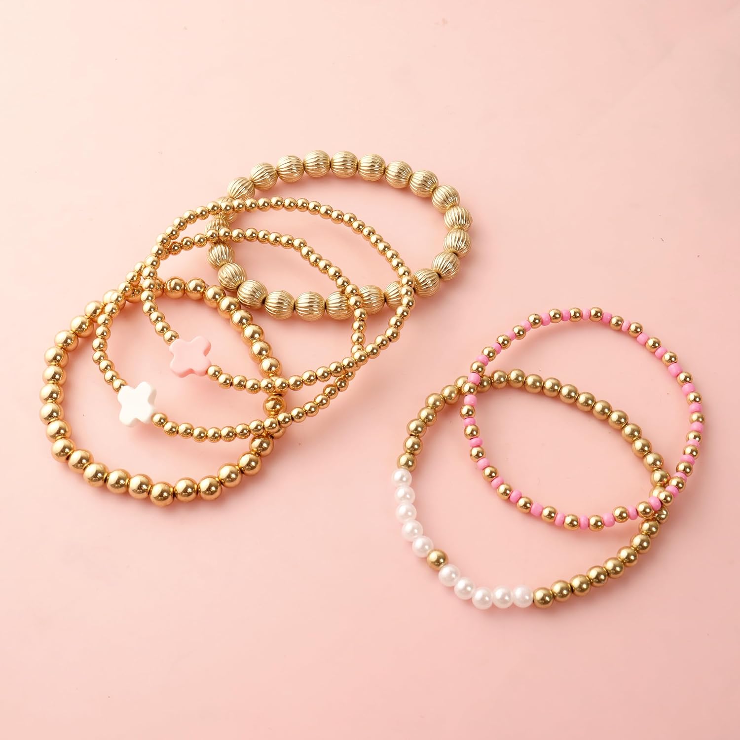 HUASAI Gold Beaded Bracelet Stack for Women Trendy Non Tarnish Chunky Stretch Paperclip Cross Pearl Bracelets Set Stackable Jewelry Costume Accessories