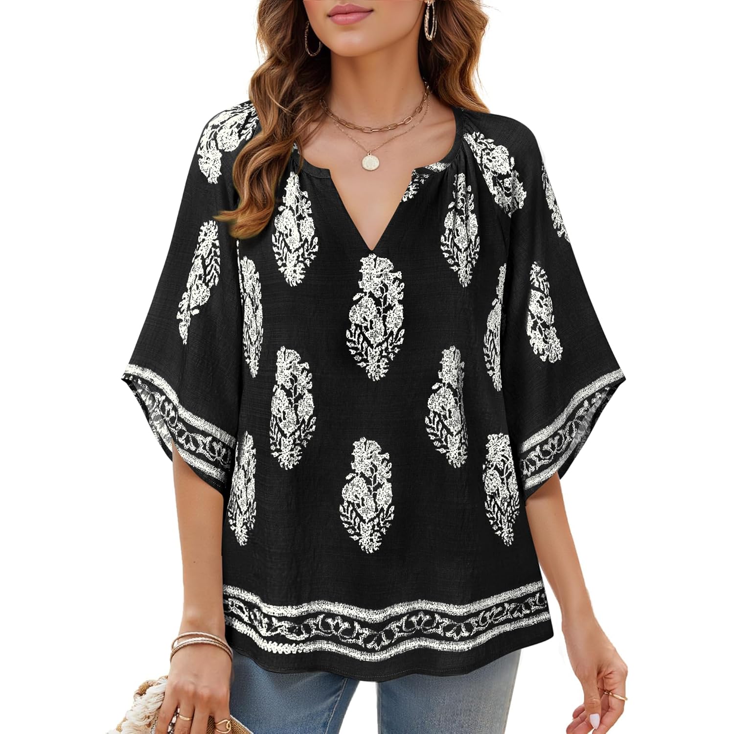 Bebonnie Womens 3/4 Sleeve V Neck Bohemian Peasant Blouses Casual Loose Fit Tunic Tops