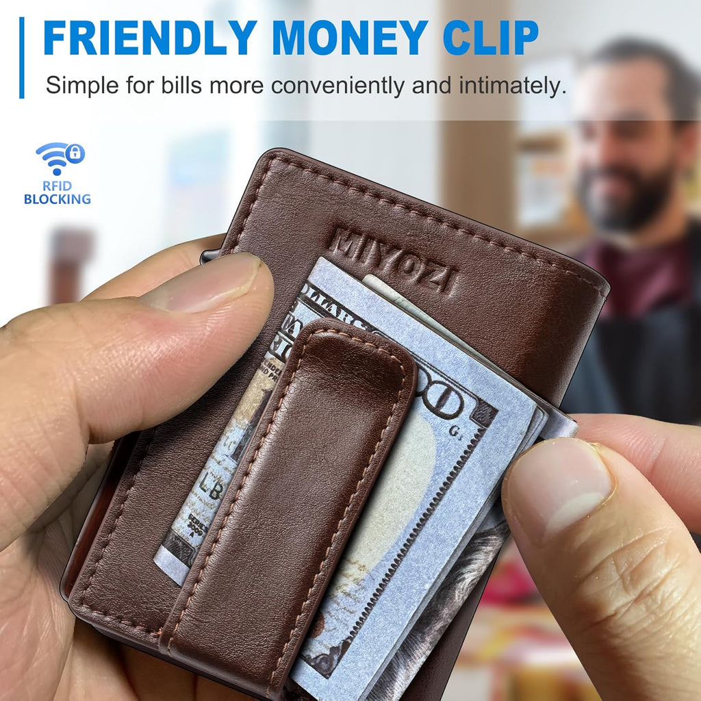 Wallet for Men Wallet with ID Window Slim Smart Pop Up Aluminum Card Holder, Bifold Minimalist Magnetic Closure RFID Blocking Wallet  9 Slots with Money Clip&Coins Pocket Gift Boxed