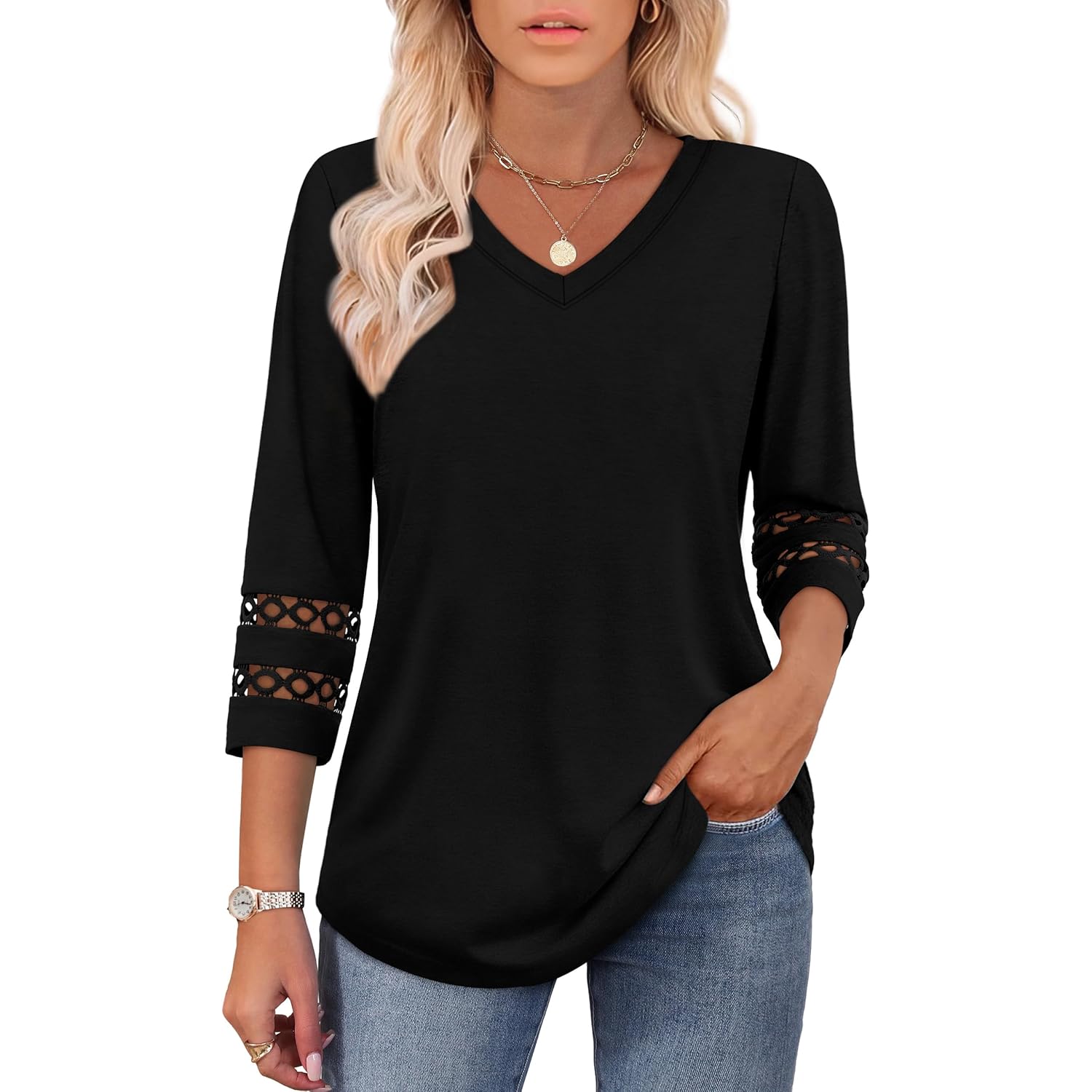 XIEERDUO 3/4 Length Sleeve Womens Tops Dressy Casual Blouses for Women 2025 Trendy V Neck T Shirts Summer Clothes