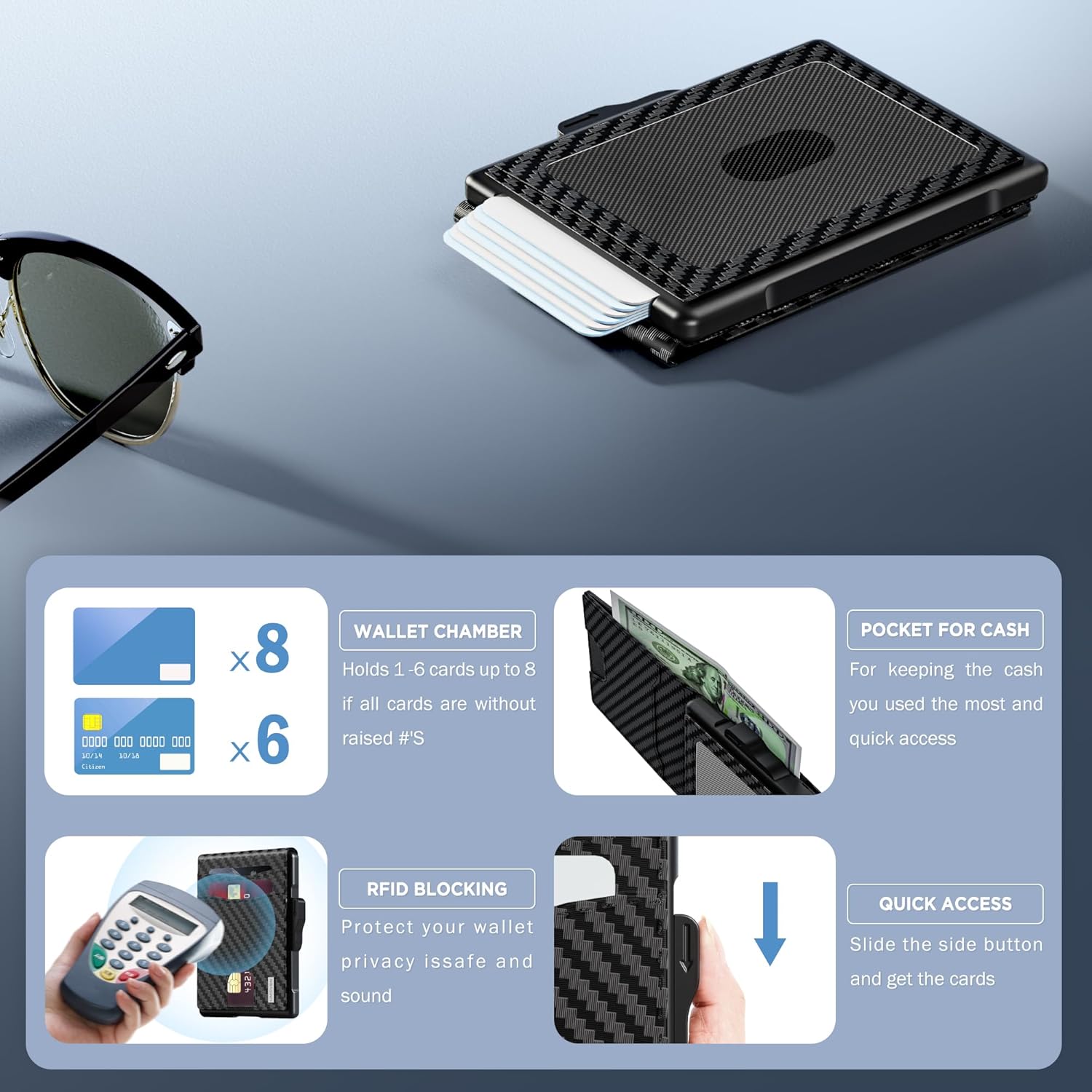Wallet for Men - Pop Up Case, Cash Slot, and Credit Card Slot - Slim Aluminum Wallet with RFID Blocking, Minimalist Leather Wallet Front Pocket with ID Window (Carbon Fiber)