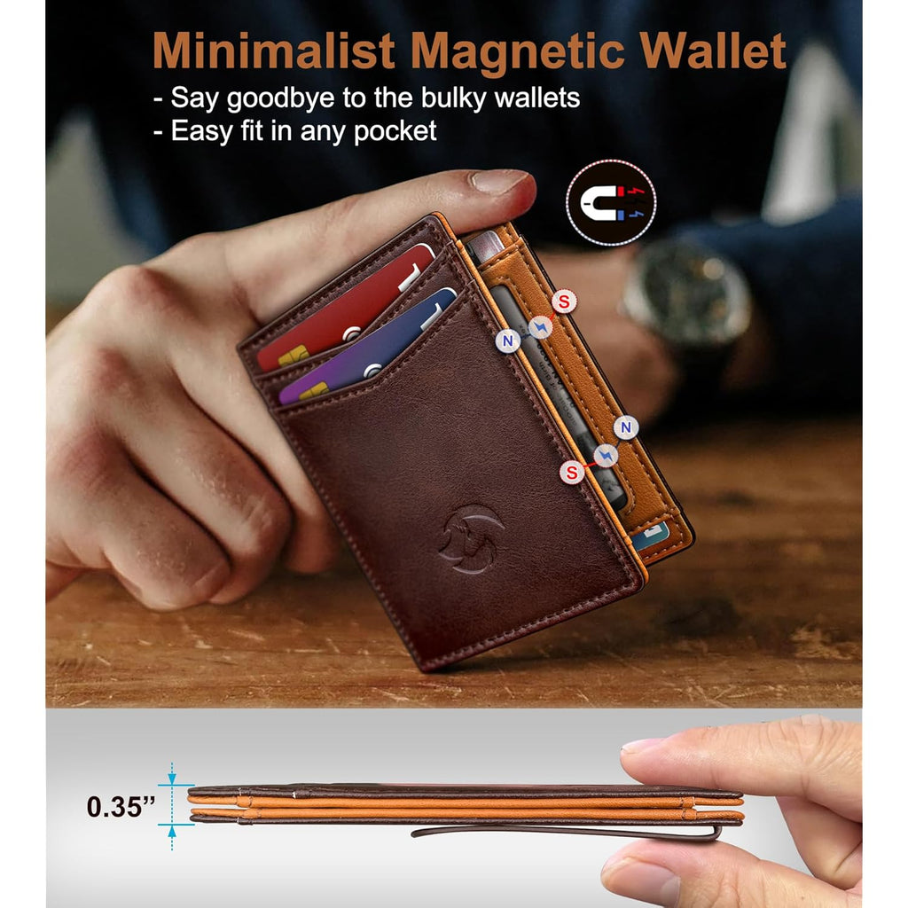 Magnetic Closure Slim Wallet for Men with Money Clip Gift Boxed,Genuine Leather Front Pocket Wallet, 3.9"x 2.7", RFID Blocking