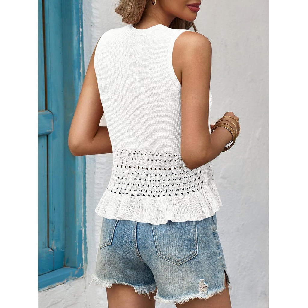 Saodimallsu Womens Crochet Crop Tank Tops Sleeveless Crew Neck Ruffle Summer Boho Knit Sweater Vest