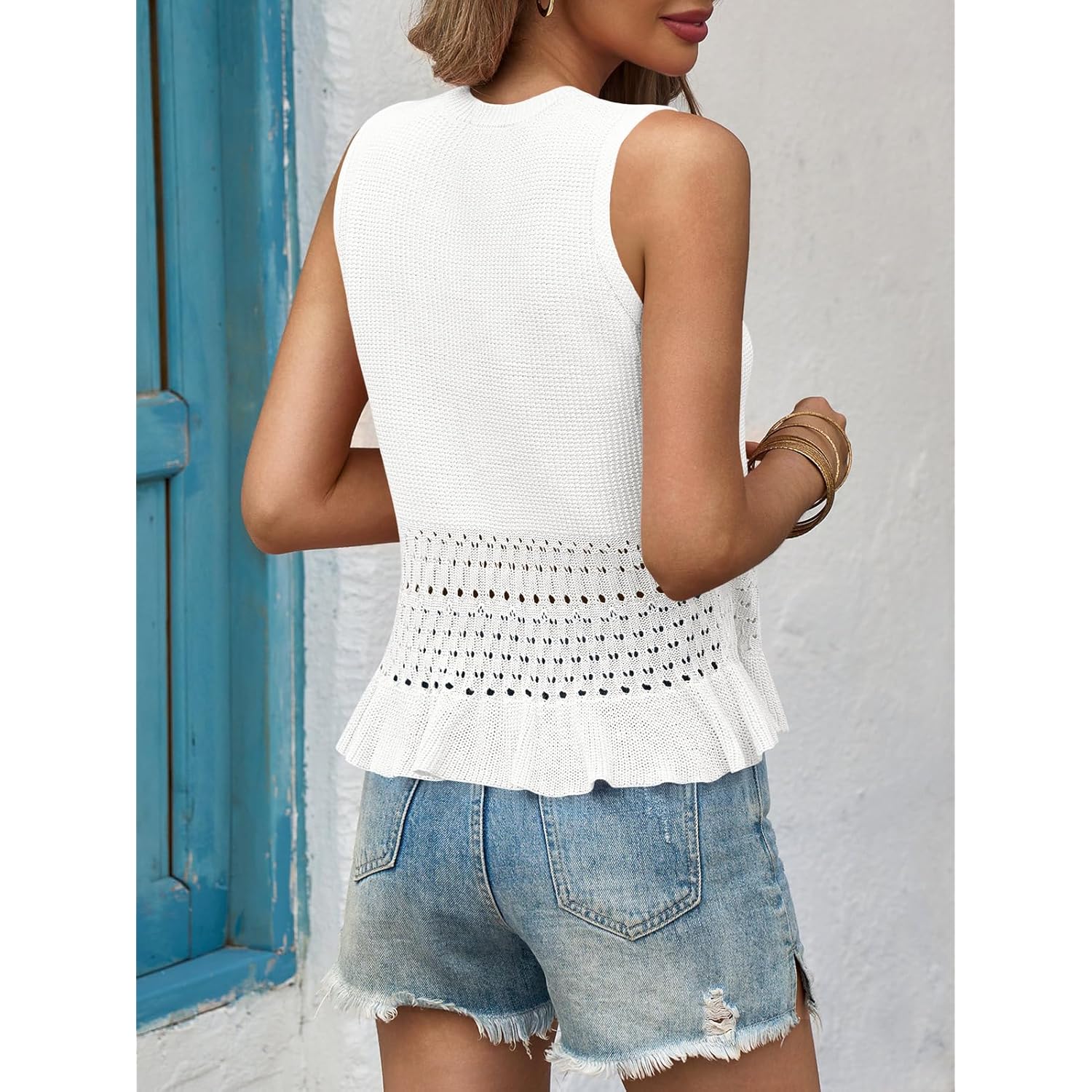 Saodimallsu Womens Crochet Crop Tank Tops Sleeveless Crew Neck Ruffle Summer Boho Knit Sweater Vest