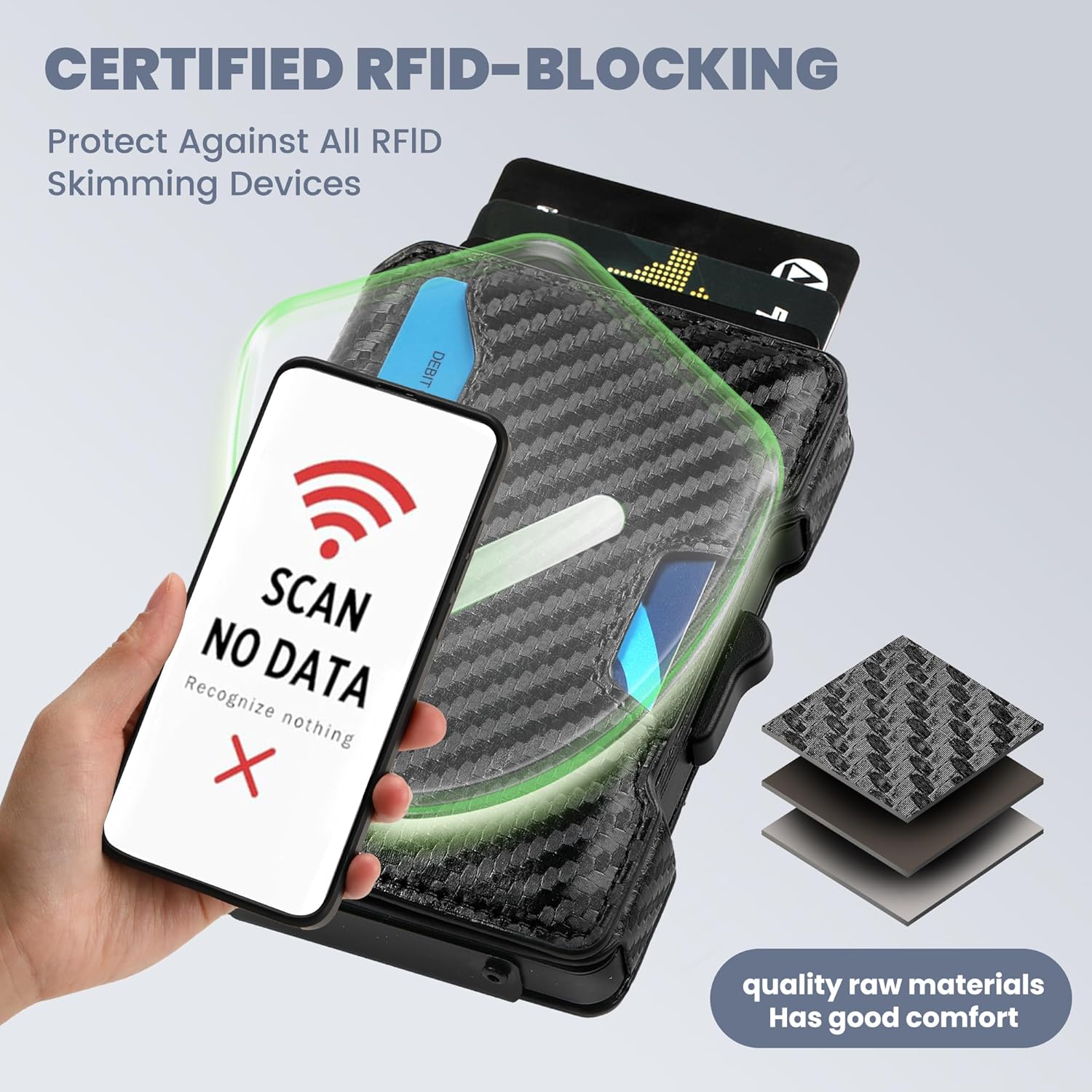Wallet for Men, RFID Blocking Slim Mens Wallet with Money Clip, Minimalist Pop Up Card Case, ID Window, 9-11Cards Capacity, Bifold Leather Front Pocket Wallet with Gift Box (Black-Carbon Fiber)